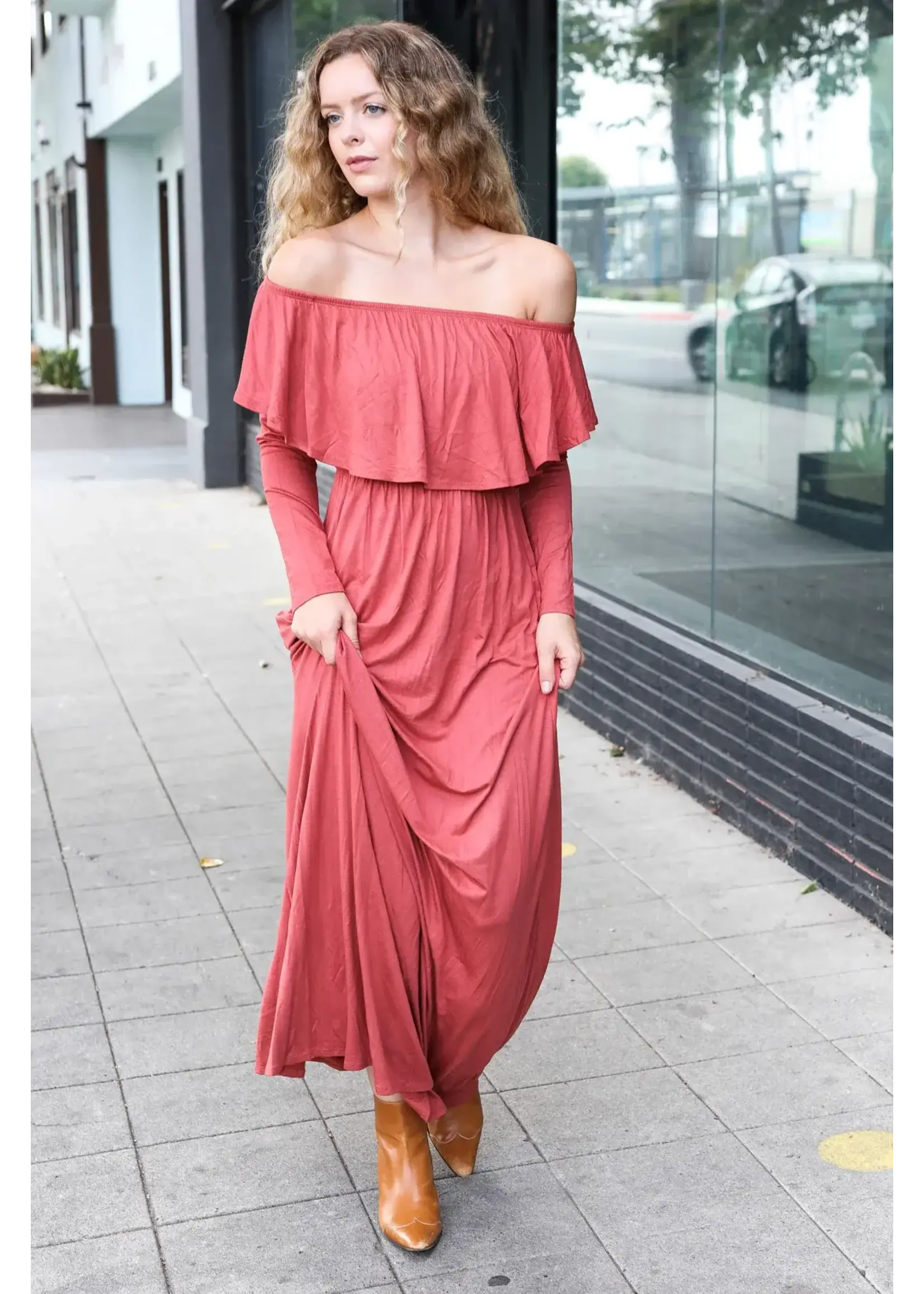 Marsala Scrunch Shoulder Maxi Dress