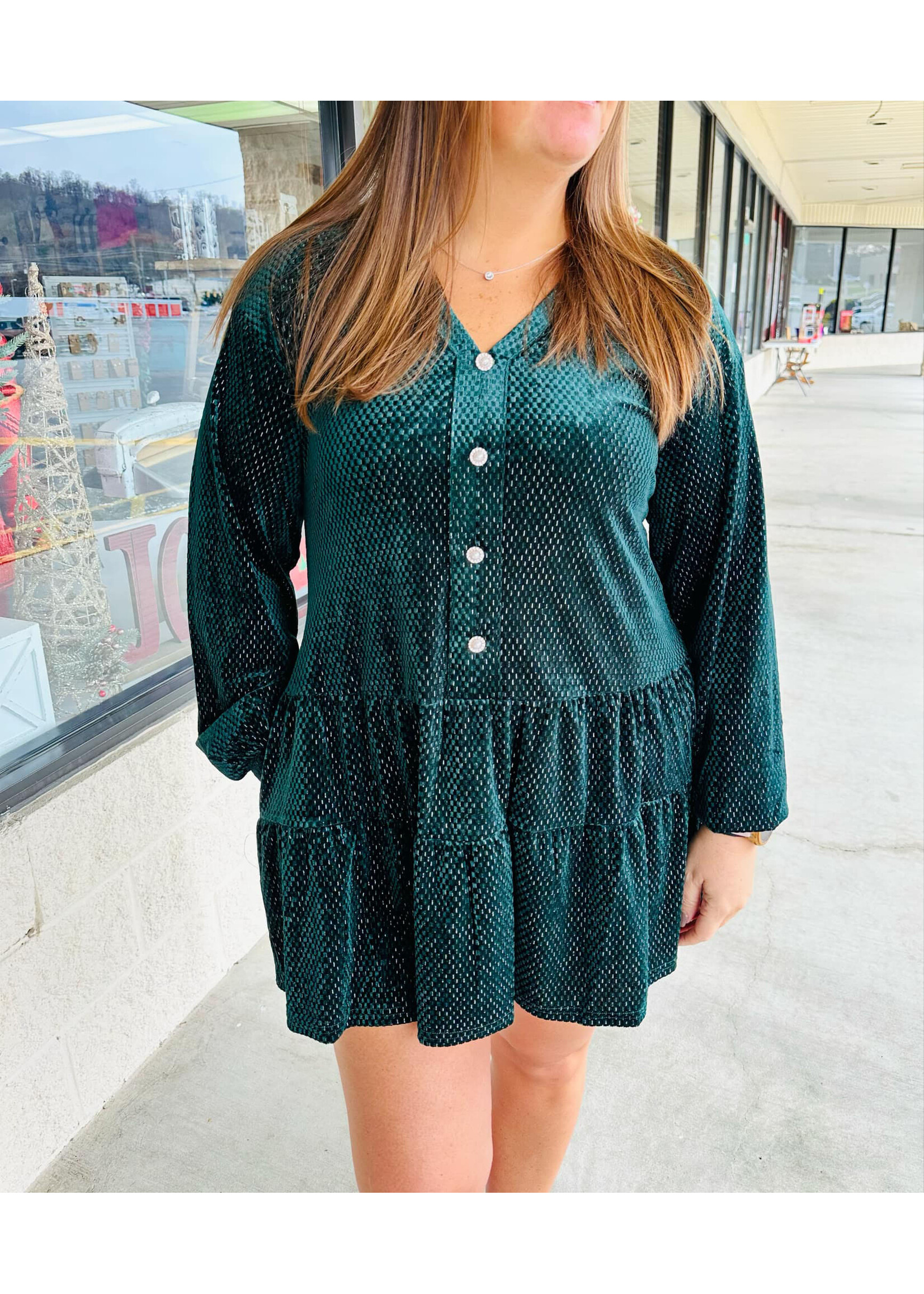 Forest  Green Velvet Dress W/ Buttons