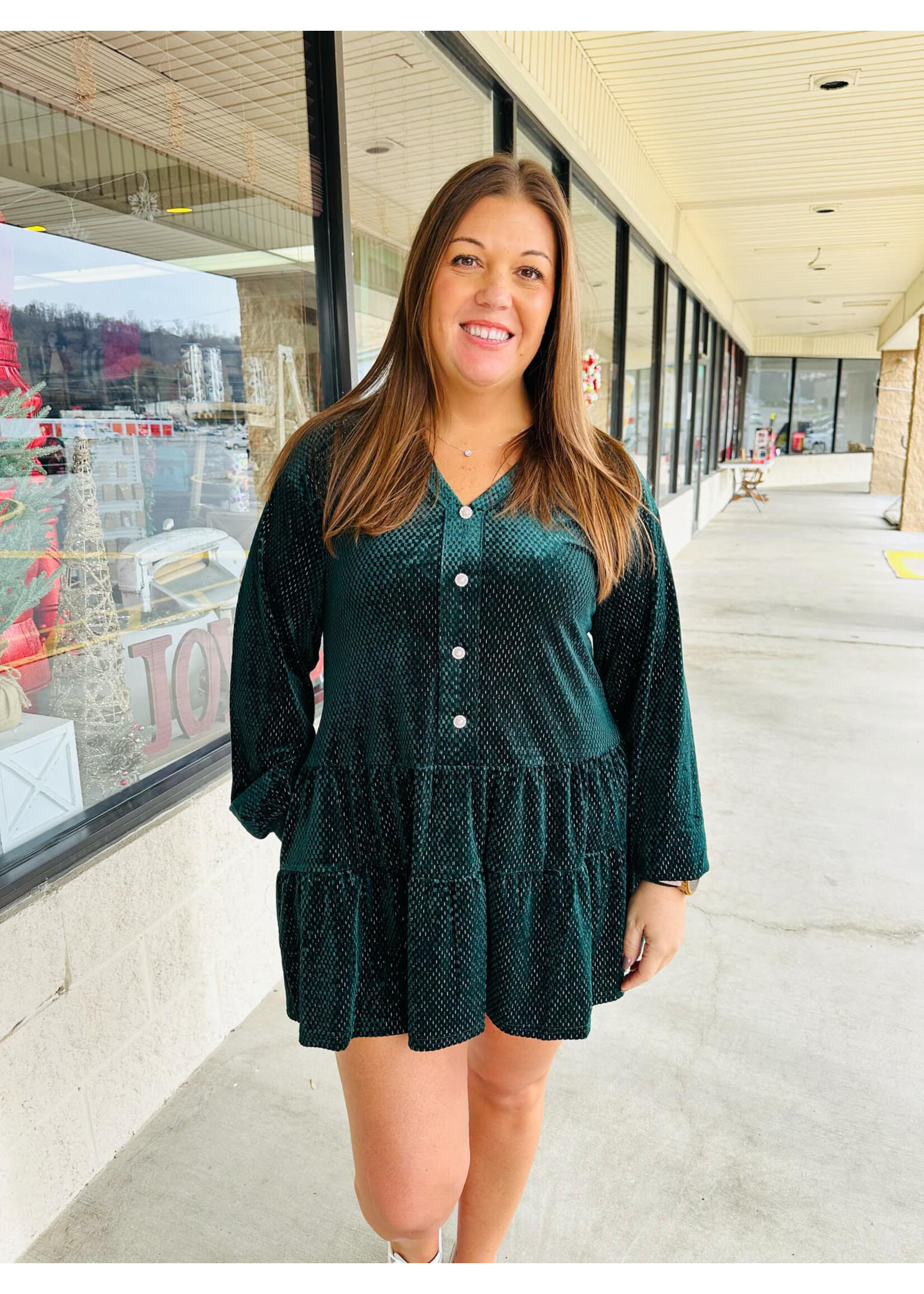 Forest  Green Velvet Dress W/ Buttons