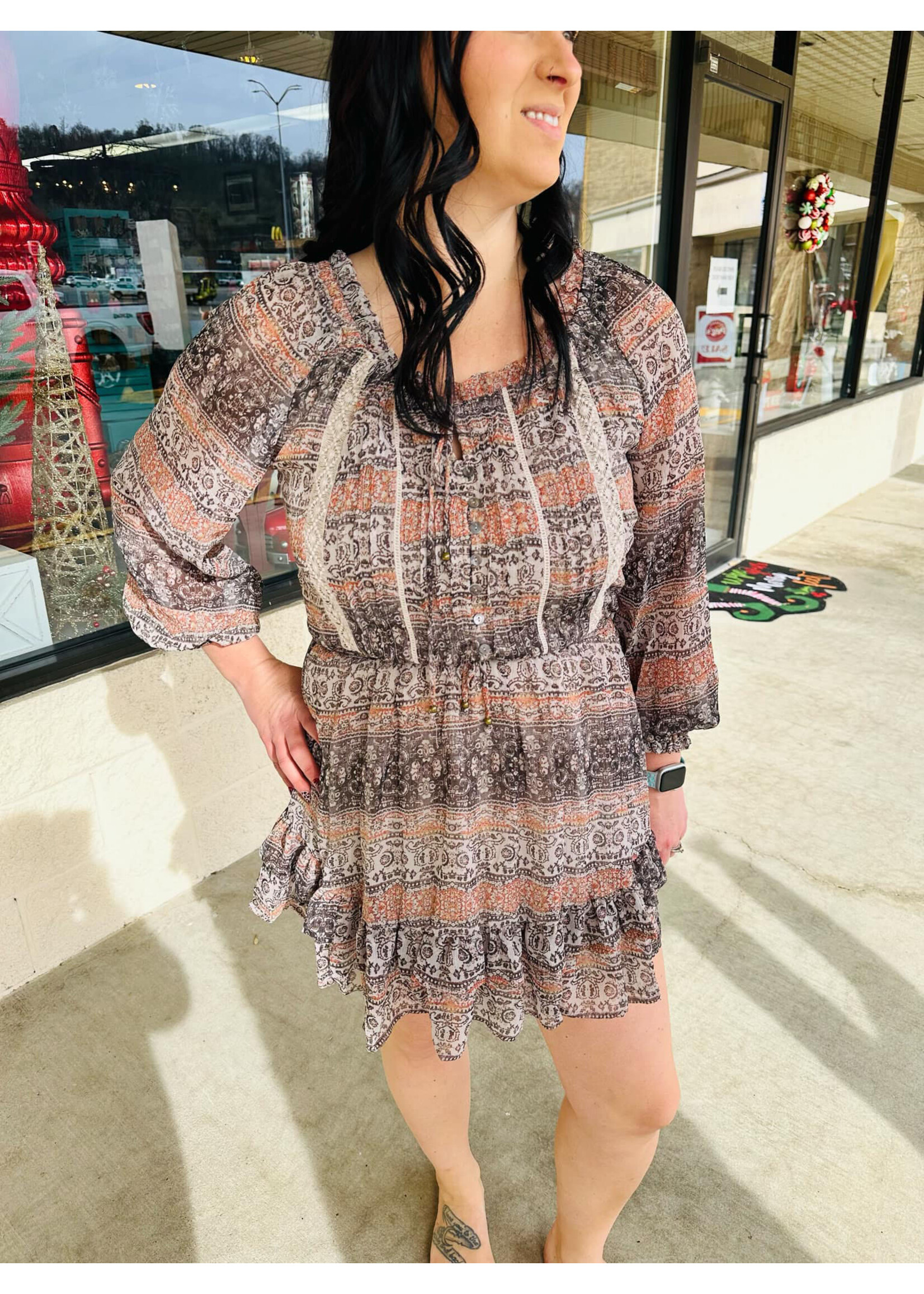 Brown / Orange Printed Puff Ruffle Dress