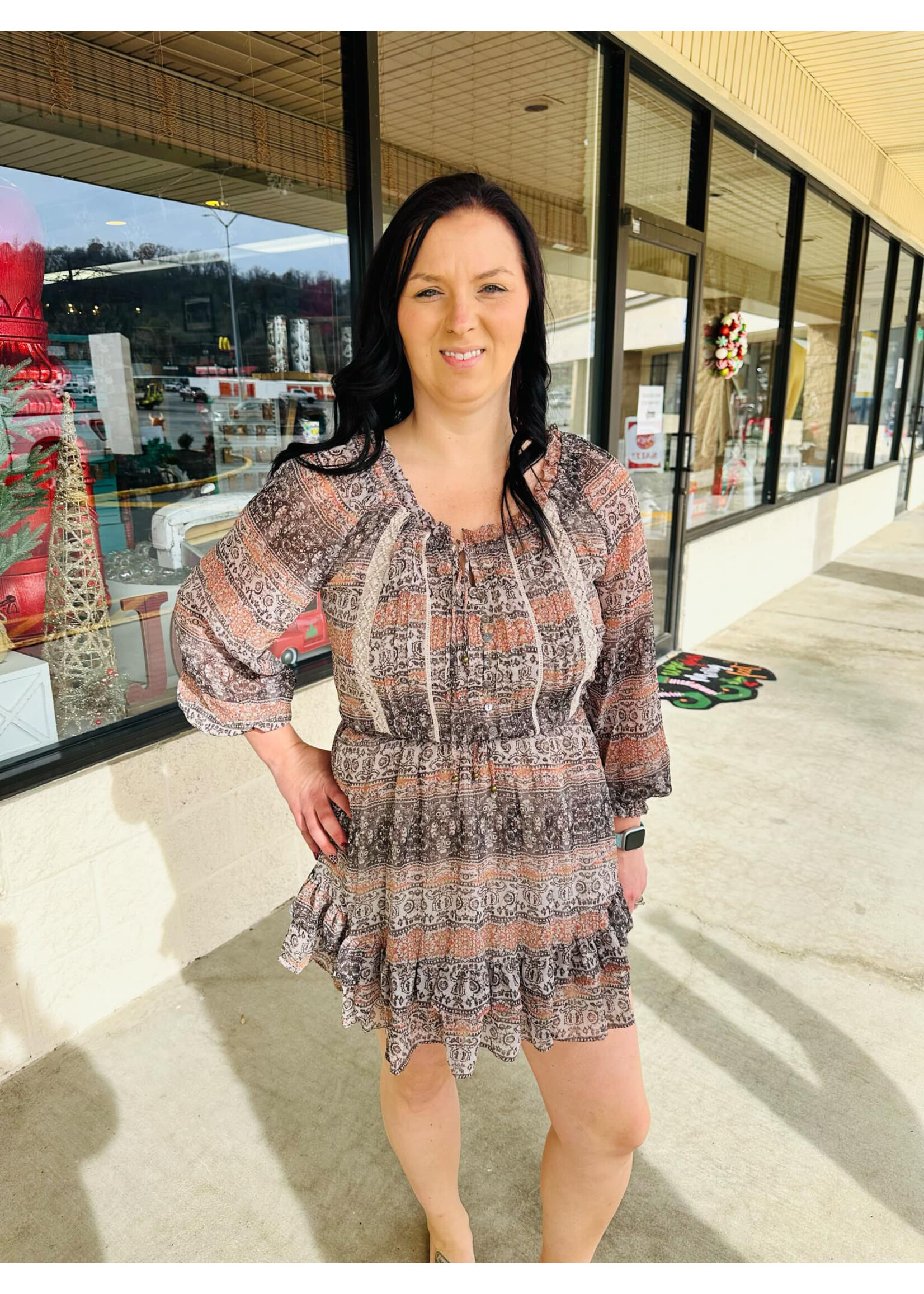 Brown / Orange Printed Puff Ruffle Dress