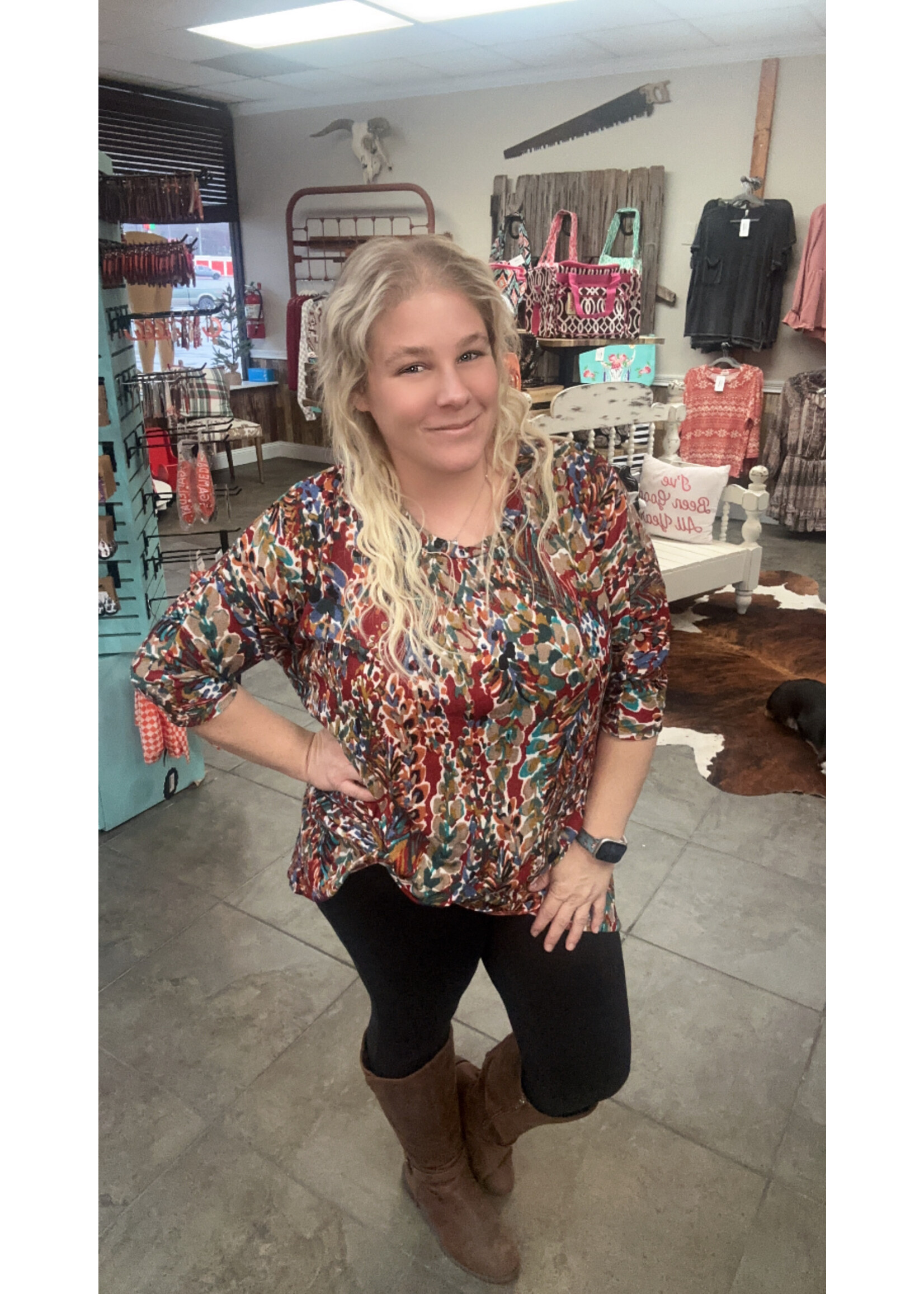 Burgundy Floral Twist Hem Top