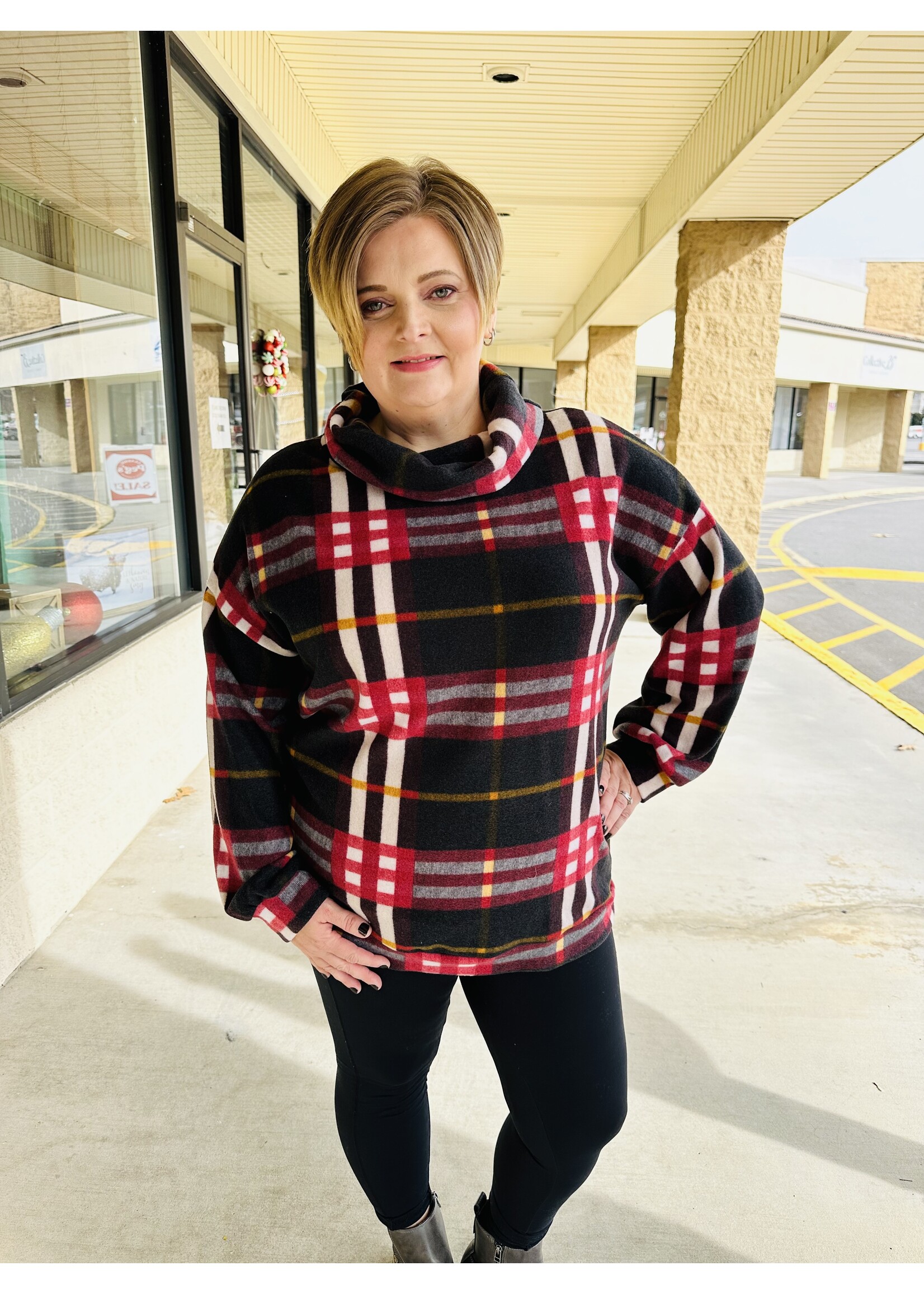 Black Plaid Cowl Neck Sweater