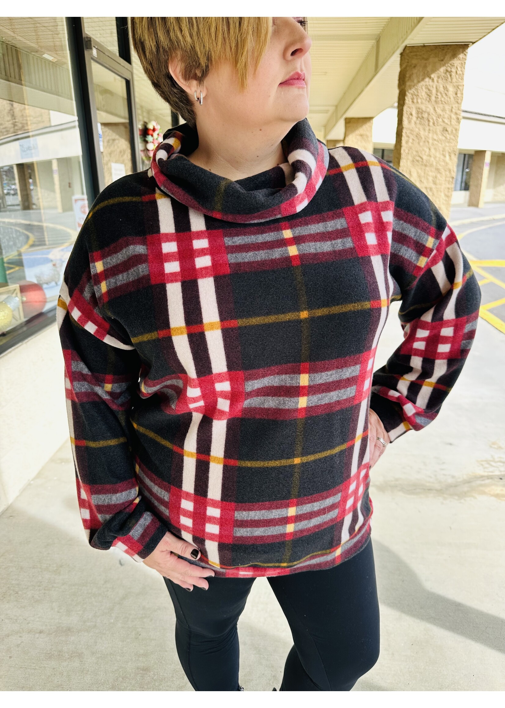 Black Plaid Cowl Neck Sweater