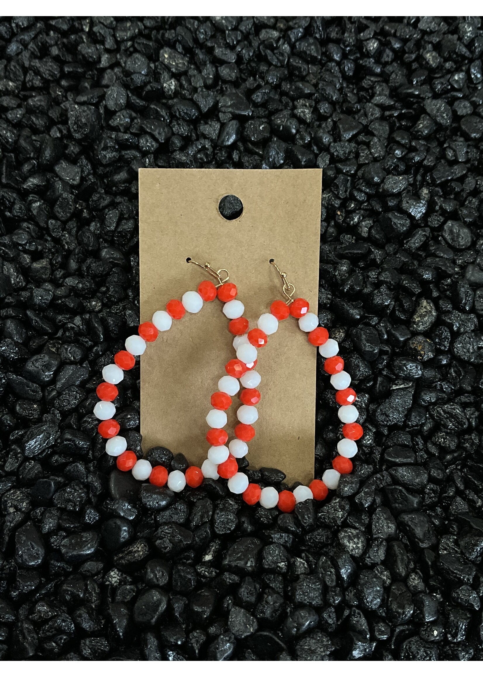 Red & White Beaded Hoop Earrings