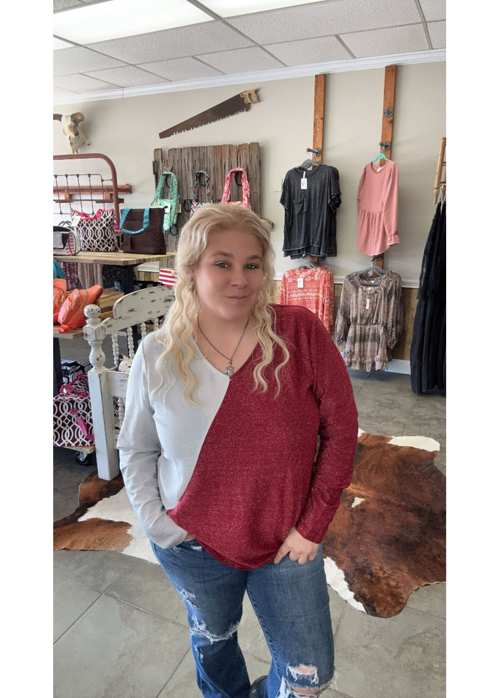Shimmer Vneck Color Block Top