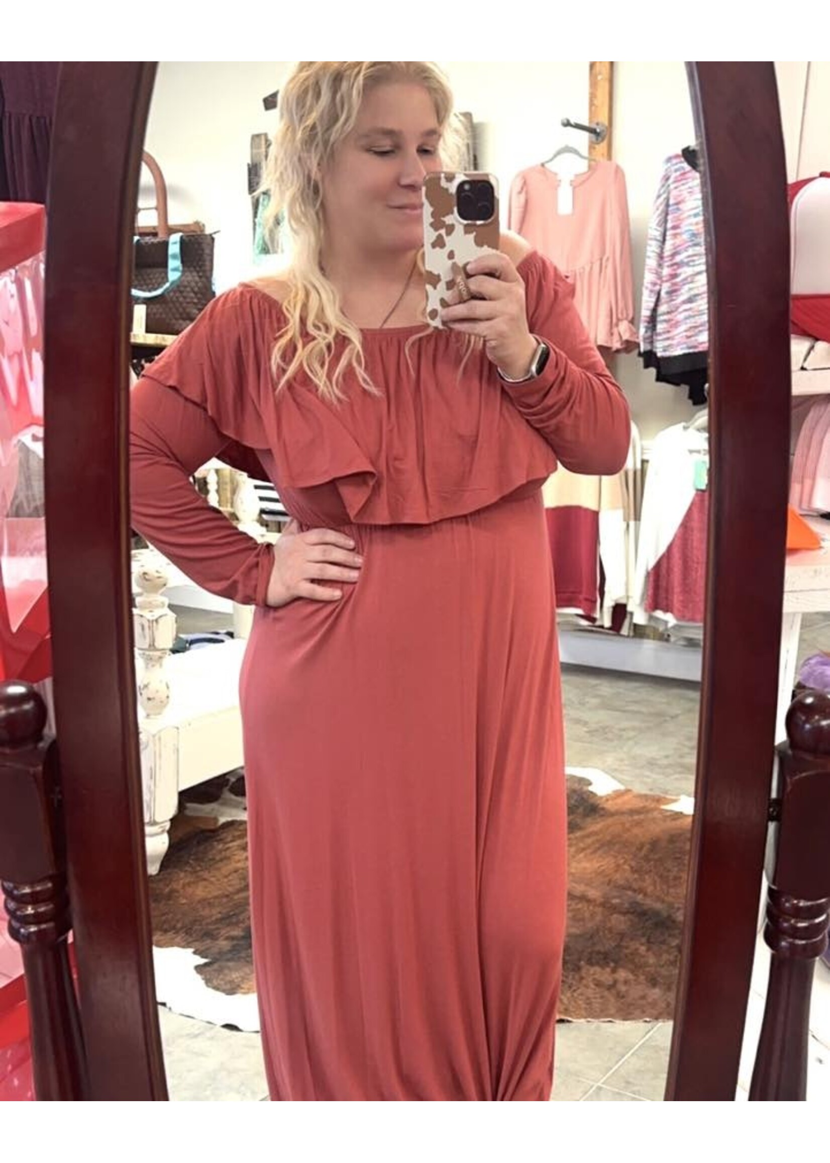 Marsala Scrunch Shoulder Maxi Dress
