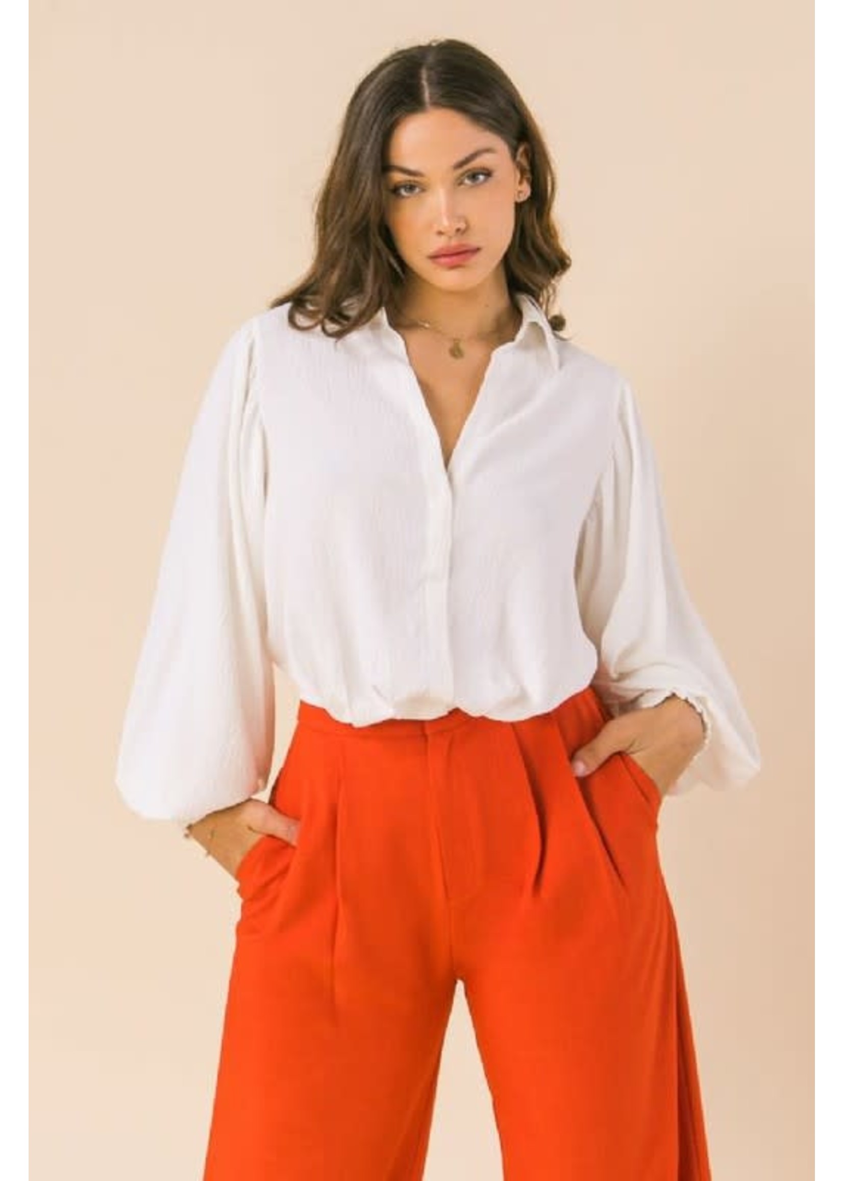 Flying Tomato Collared Balloon Sleeve Button Up Blouse - AT2247