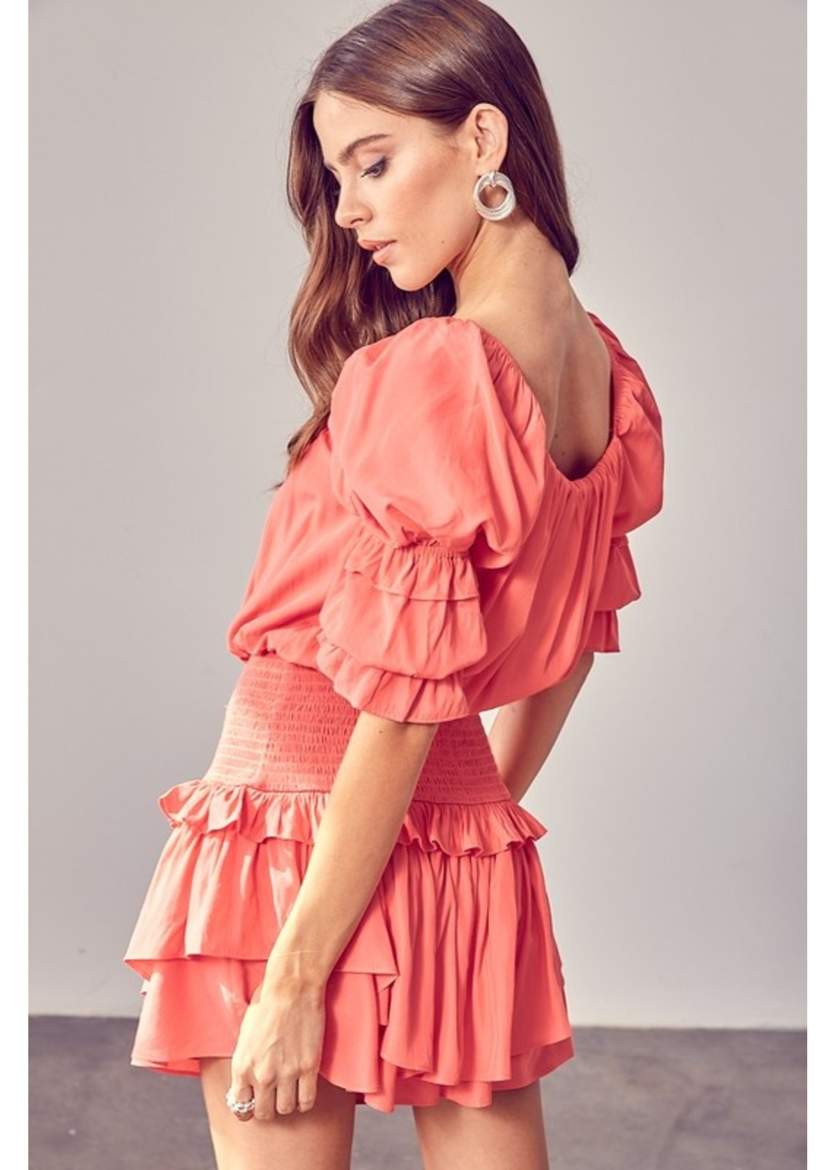 DO + BE Puff Sleeve Smocked And Frilled Romper - Y21081