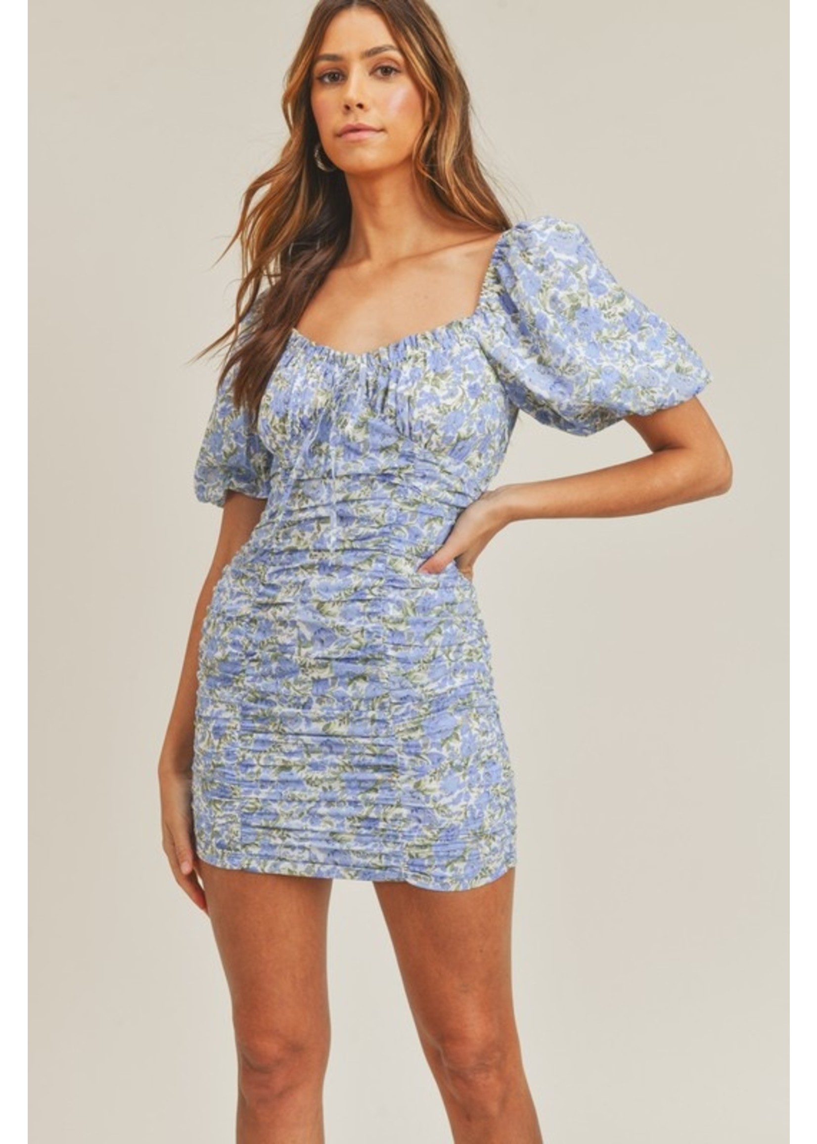 Puff Sleeves Floral Print Shirring Dress - MD2430D - Meo's Suite