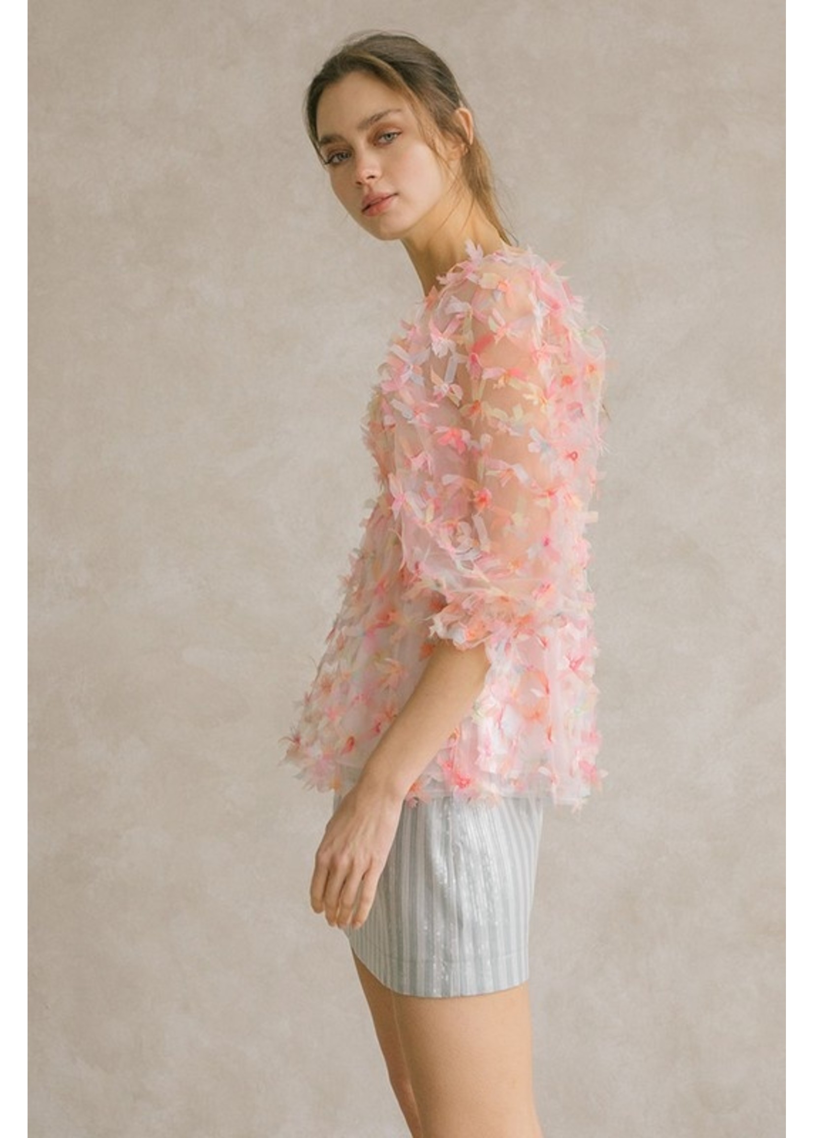 Storia Pink and Multi Color 3D Flowers Tulle Top - JT3281Q