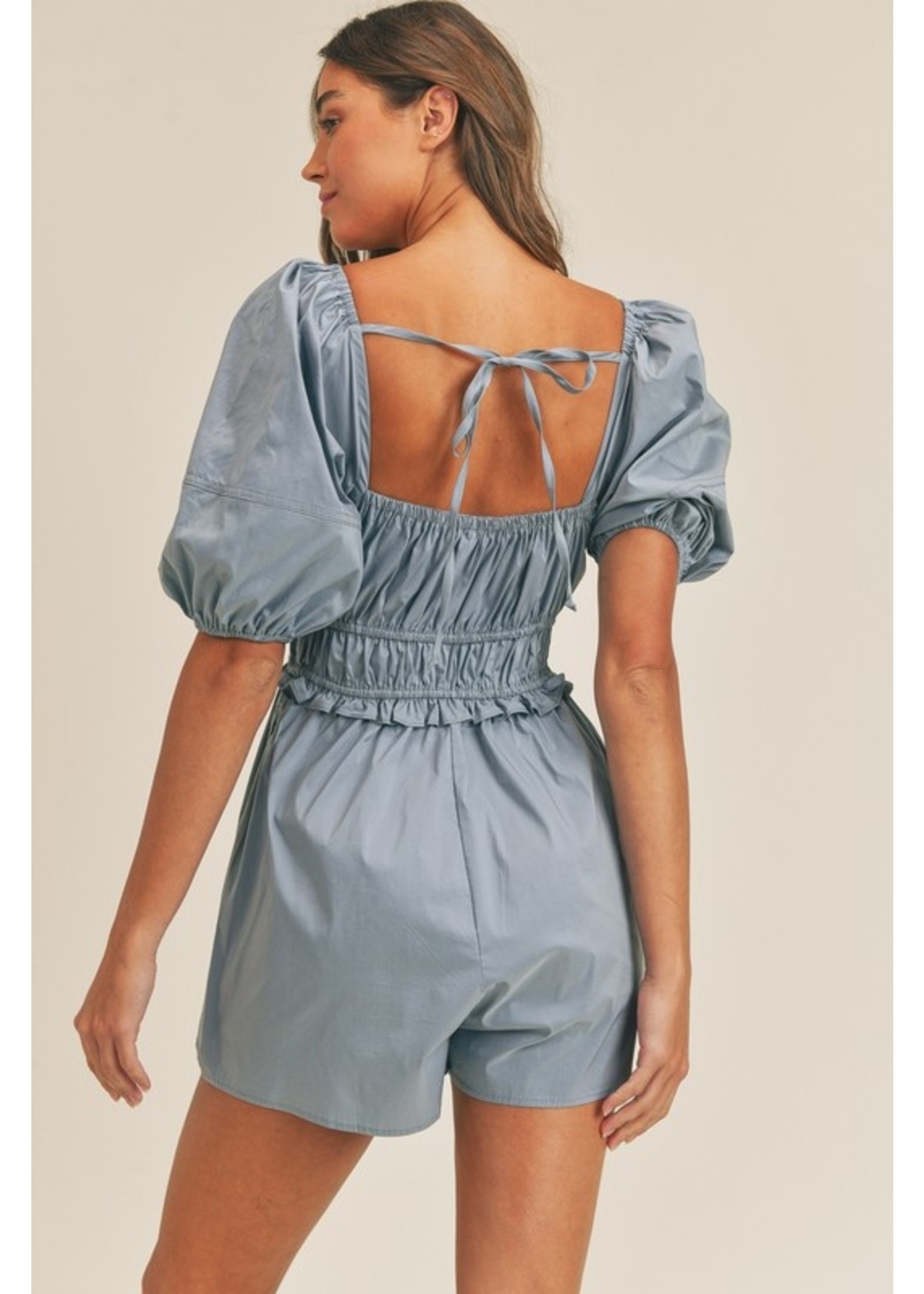 Mable Puff Sleeve Square Neckline Ruched Shirring Detail Romper - MR4081