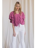 Before You Collection Linen Ruffle Layered Sleeve Cinched Top - T10519