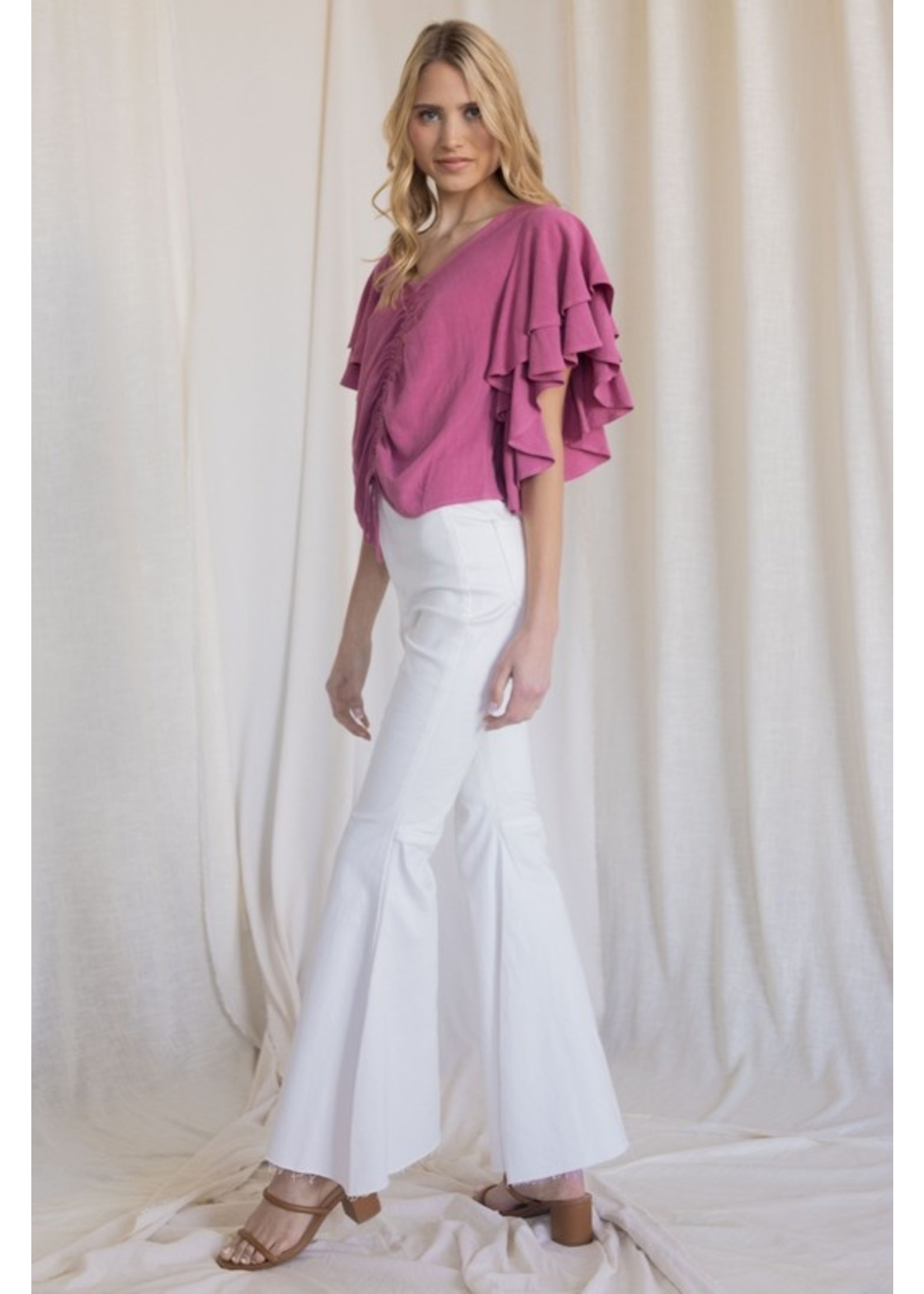Before You Collection Linen Ruffle Layered Sleeve Cinched Top - T10519