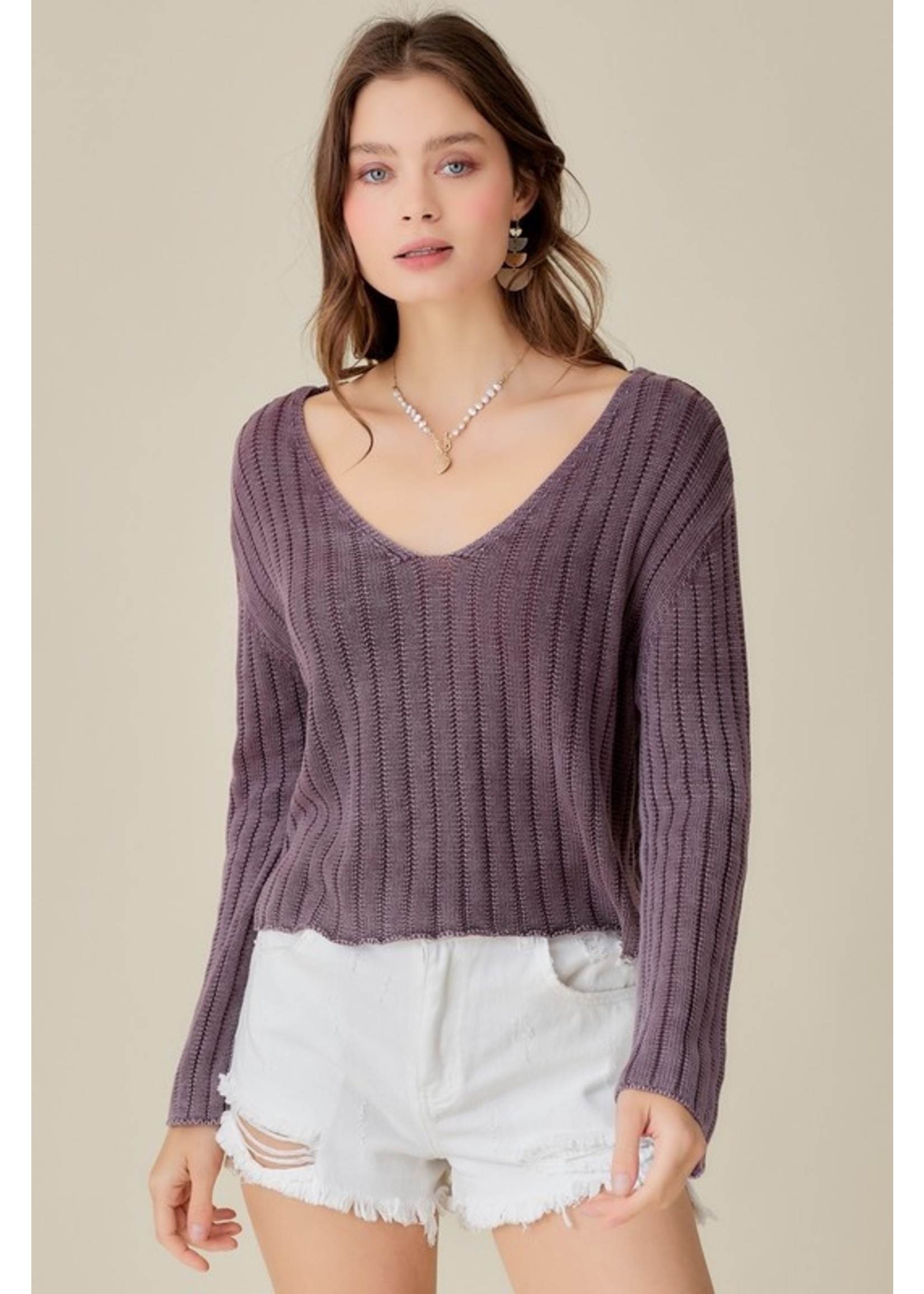 V Neck Washed Crop Sweater - S20071 