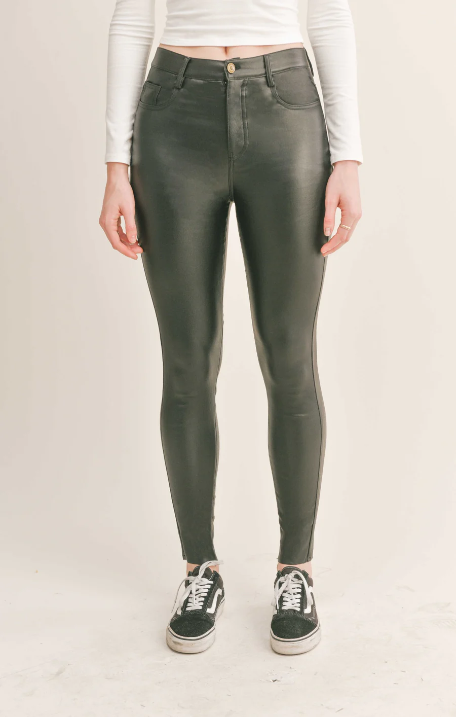 Khaki Leather-Look Leggings