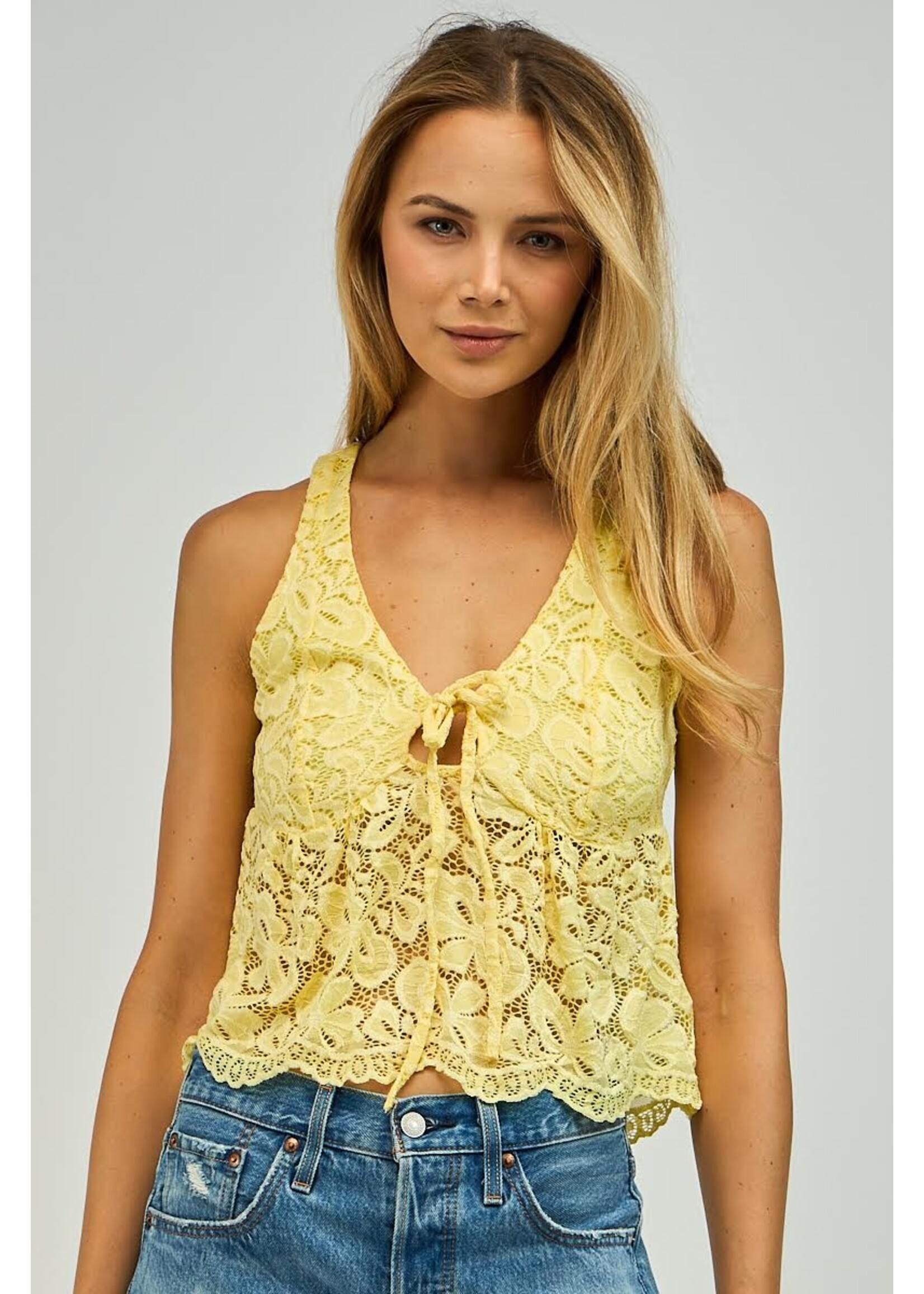 Sky To Moon Floral Lace See-Through Keyhole V-Neck Crop - SM-T10341A