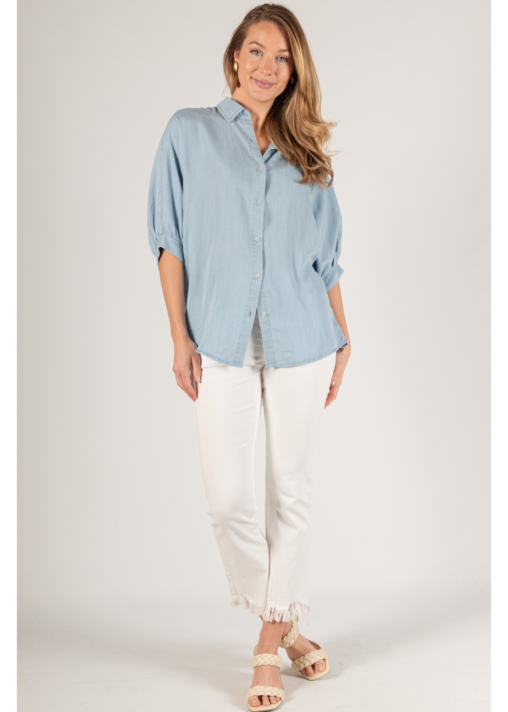 Before You Collection Tencel 3/4 Puff Sleeve Button Up Shirt - T10909