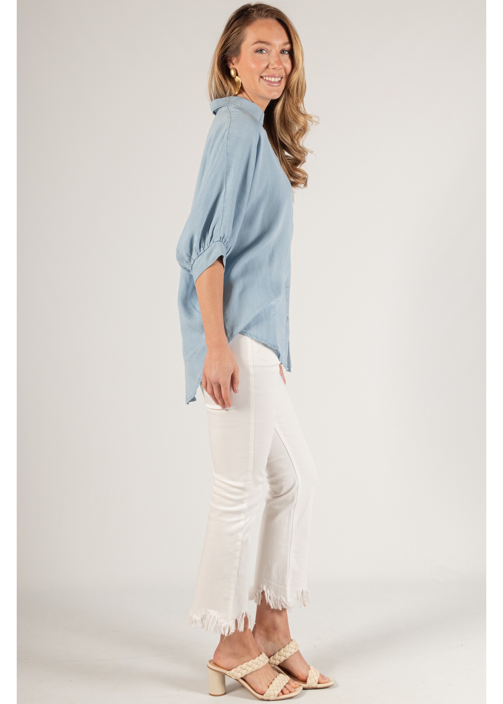 Before You Collection Tencel 3/4 Puff Sleeve Button Up Shirt - T10909