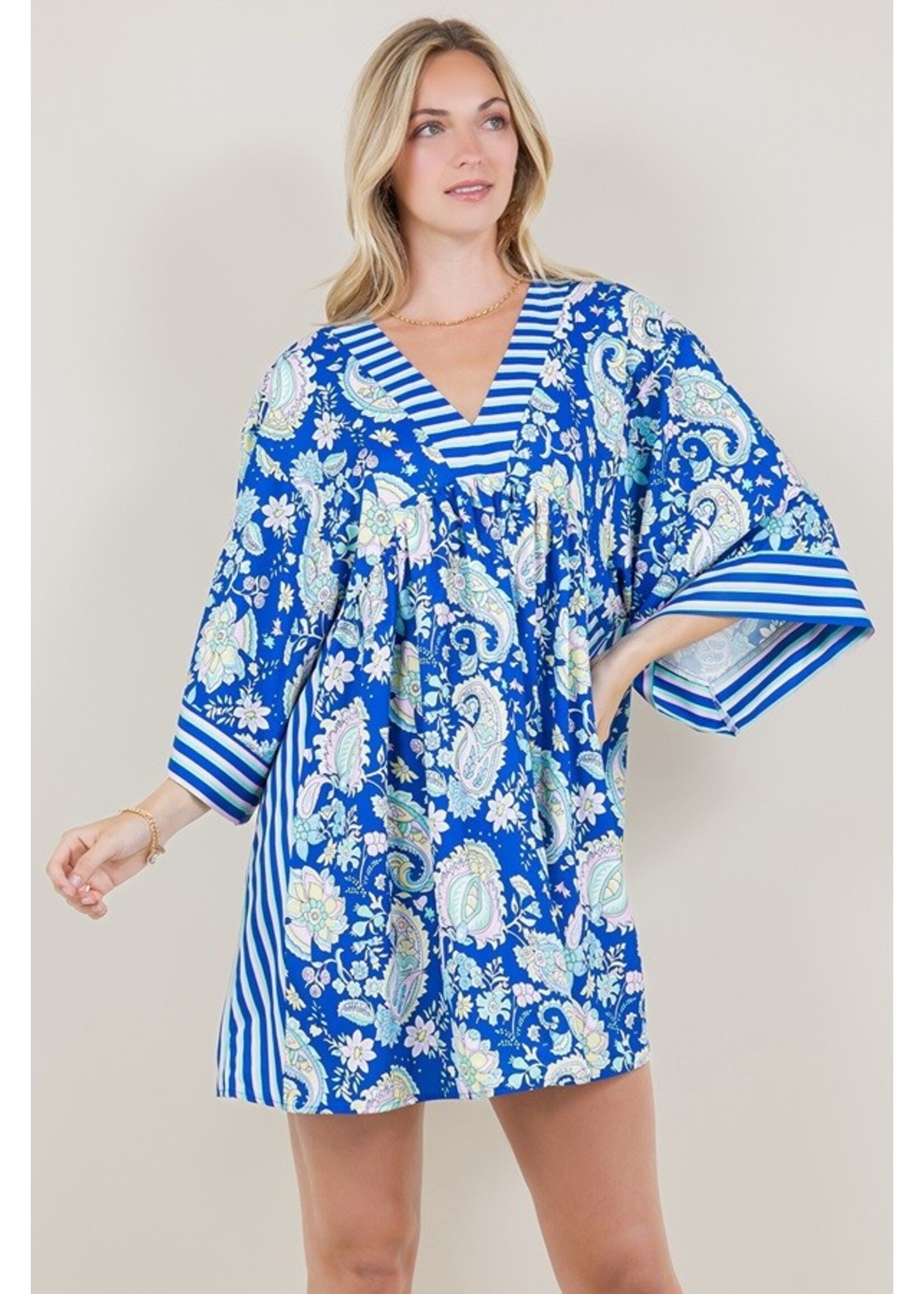 Sunday Up Paisley Print Wide Sleeve V-Neck Short Dress - SDUJ-D3241