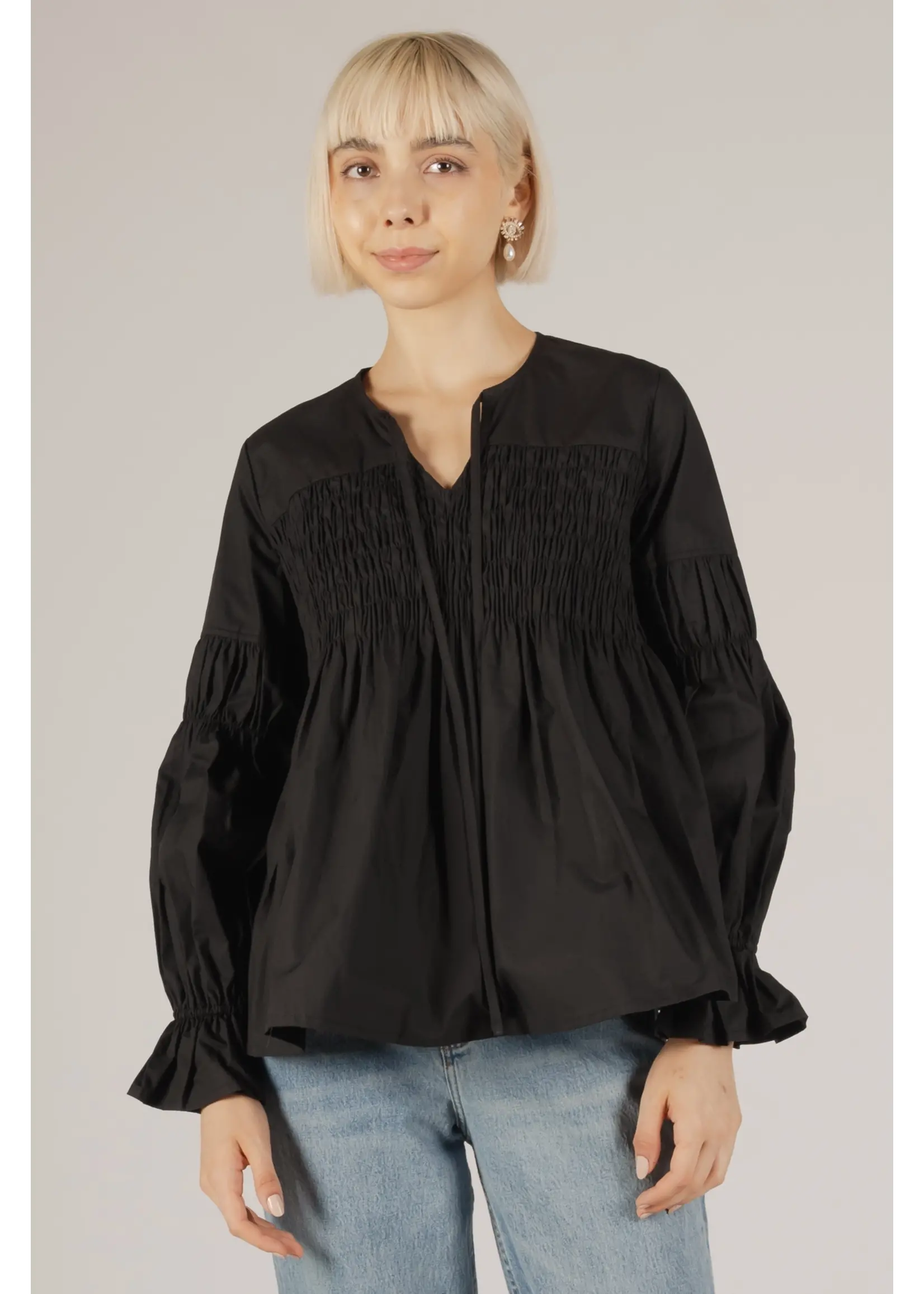 Before You Collection Poplin V-Neck Shirred Bodice Long Sleeve - T10743