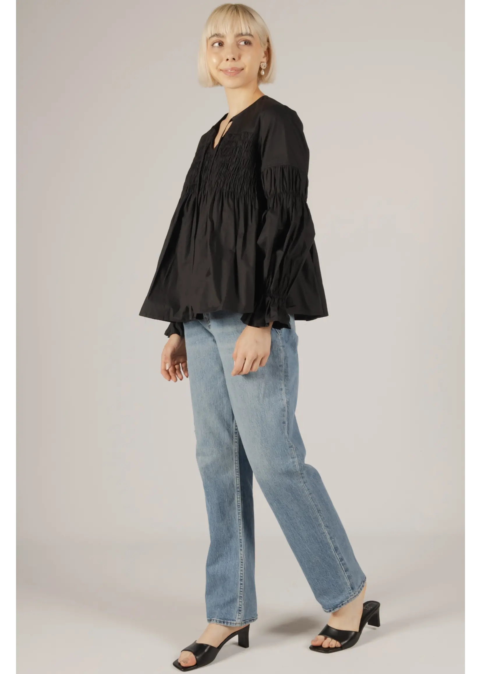 Before You Collection Poplin V-Neck Shirred Bodice Long Sleeve - T10743