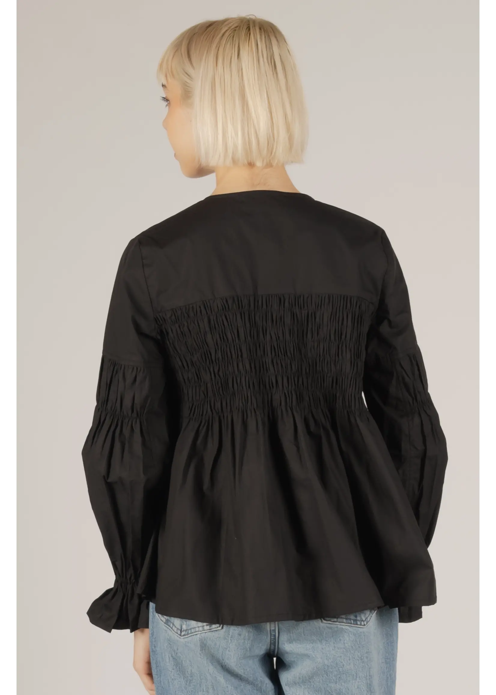 Before You Collection Poplin V-Neck Shirred Bodice Long Sleeve - T10743