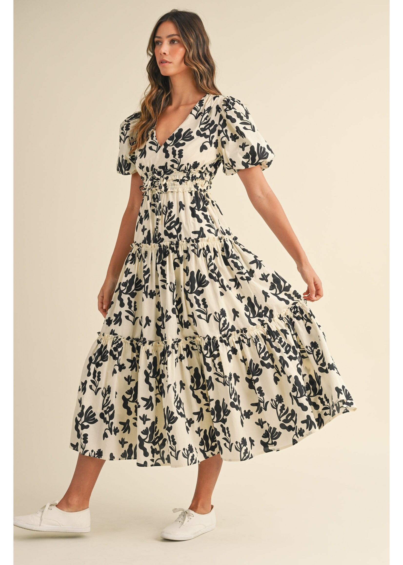 Floral Cotton Print Puff Sleeve Tiered Midi Dress - MD5114 - Meo's Suite