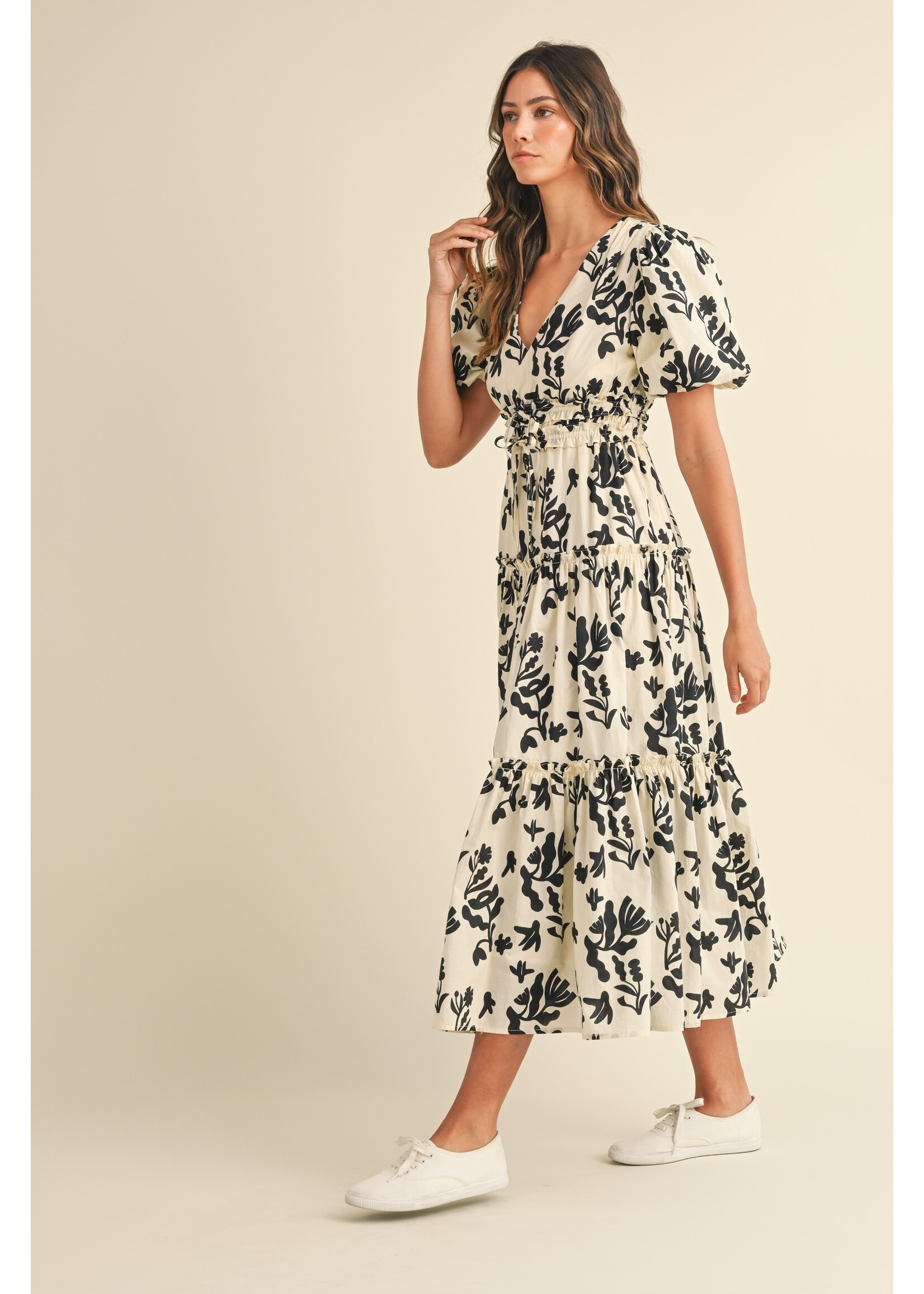 Floral Cotton Print Puff Sleeve Tiered Midi Dress - MD5114 - Meo's Suite