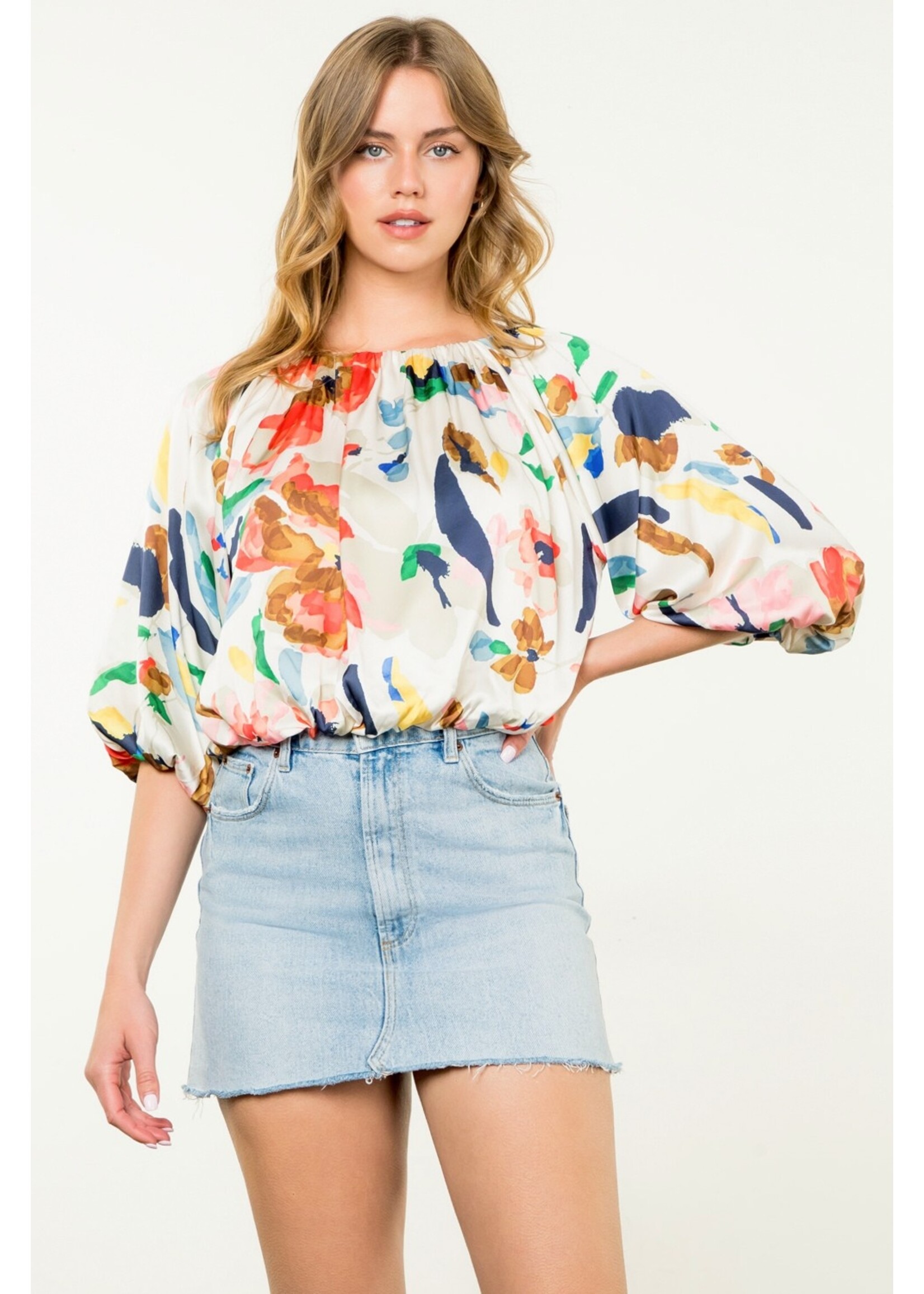 THML Puff Sleeve Flowy Print Blouse - JH2184-2