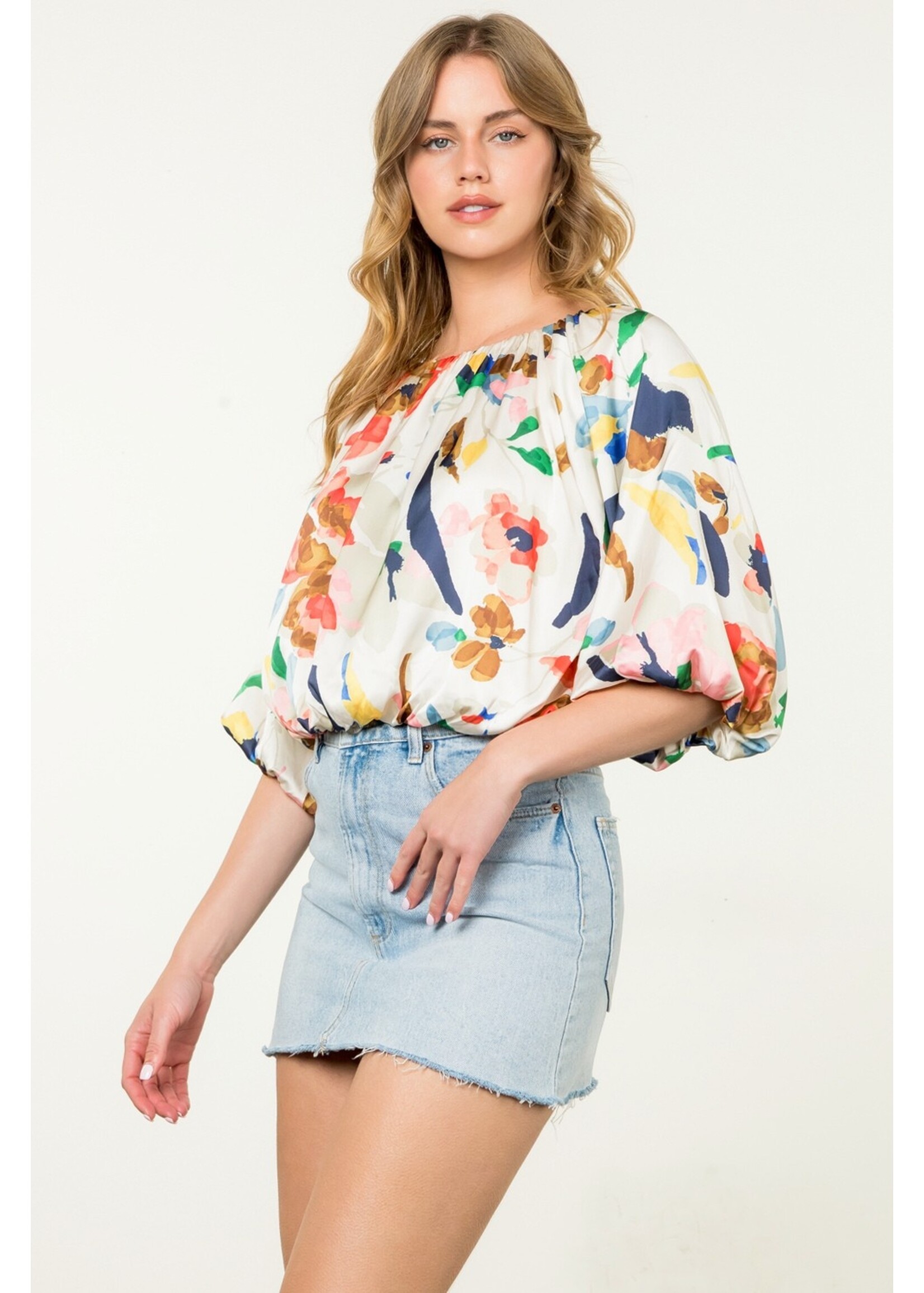THML Puff Sleeve Flowy Print Blouse - JH2184-2