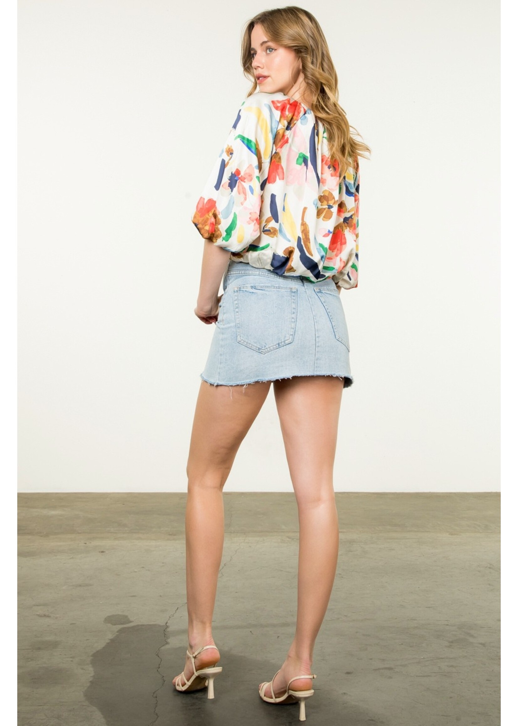 THML Puff Sleeve Flowy Print Blouse - JH2184-2