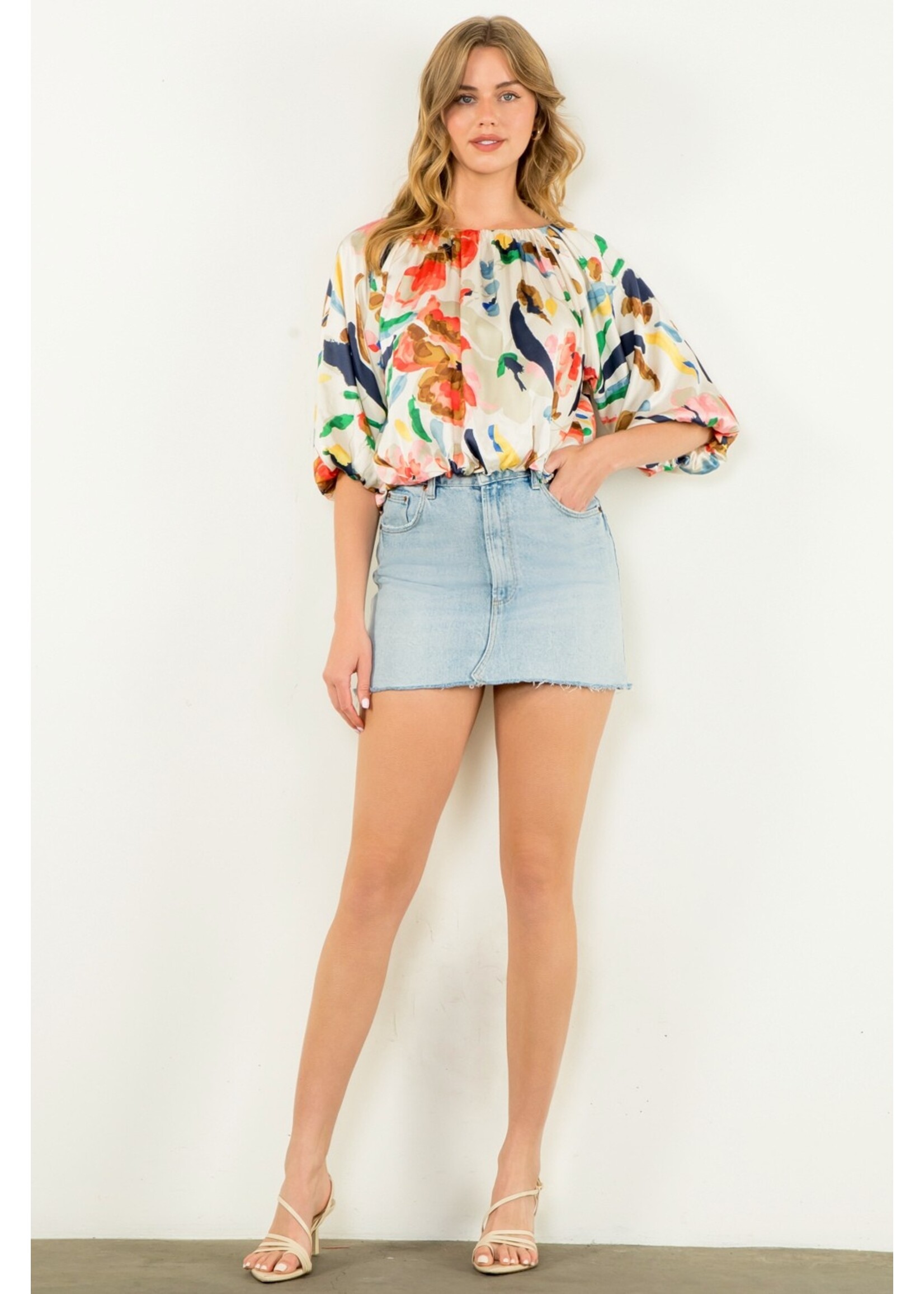 THML Puff Sleeve Flowy Print Blouse - JH2184-2