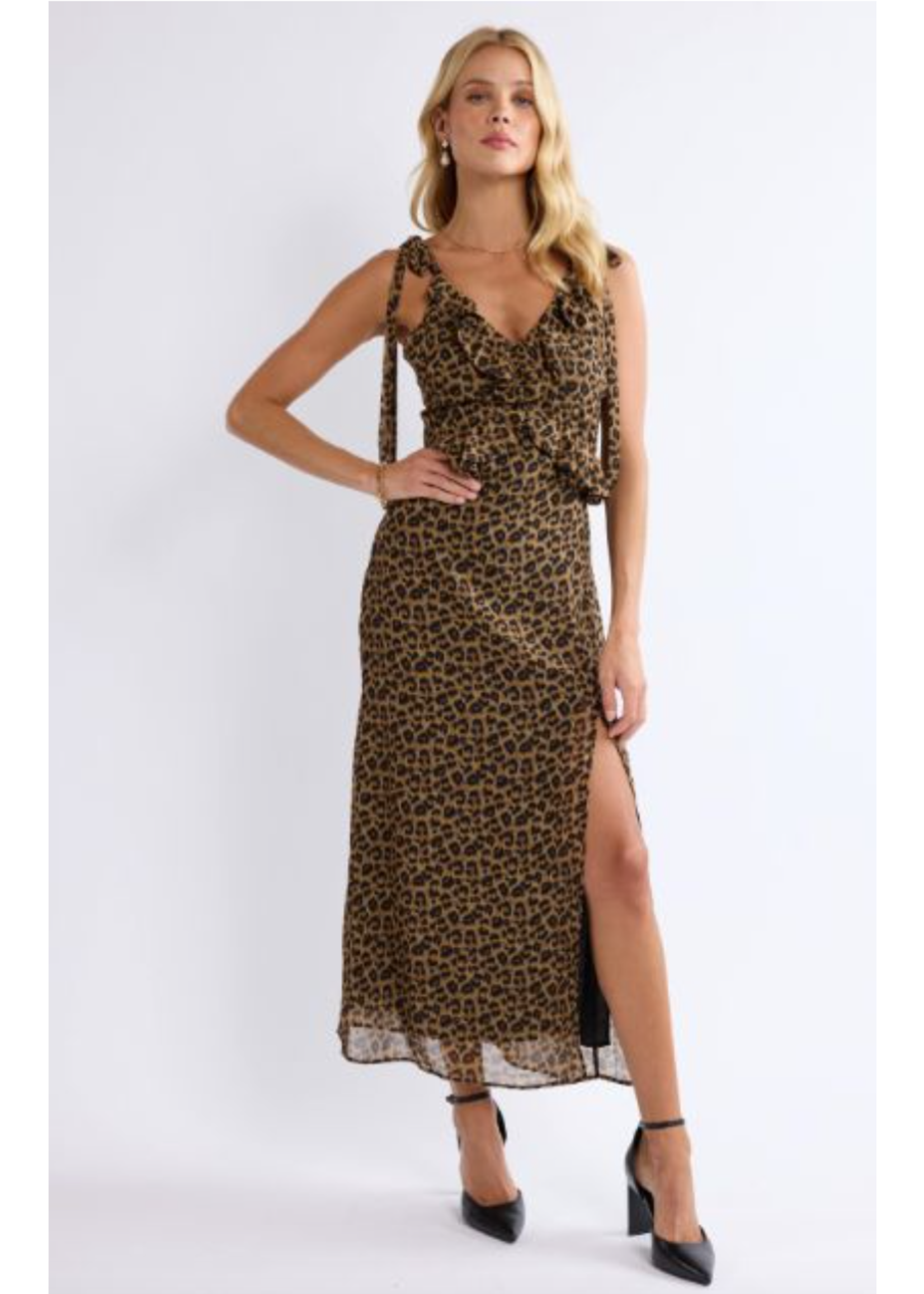 Sage The Label Be Fierce Leopard Tie Strap Ruffled Maxi Dress - LH1397