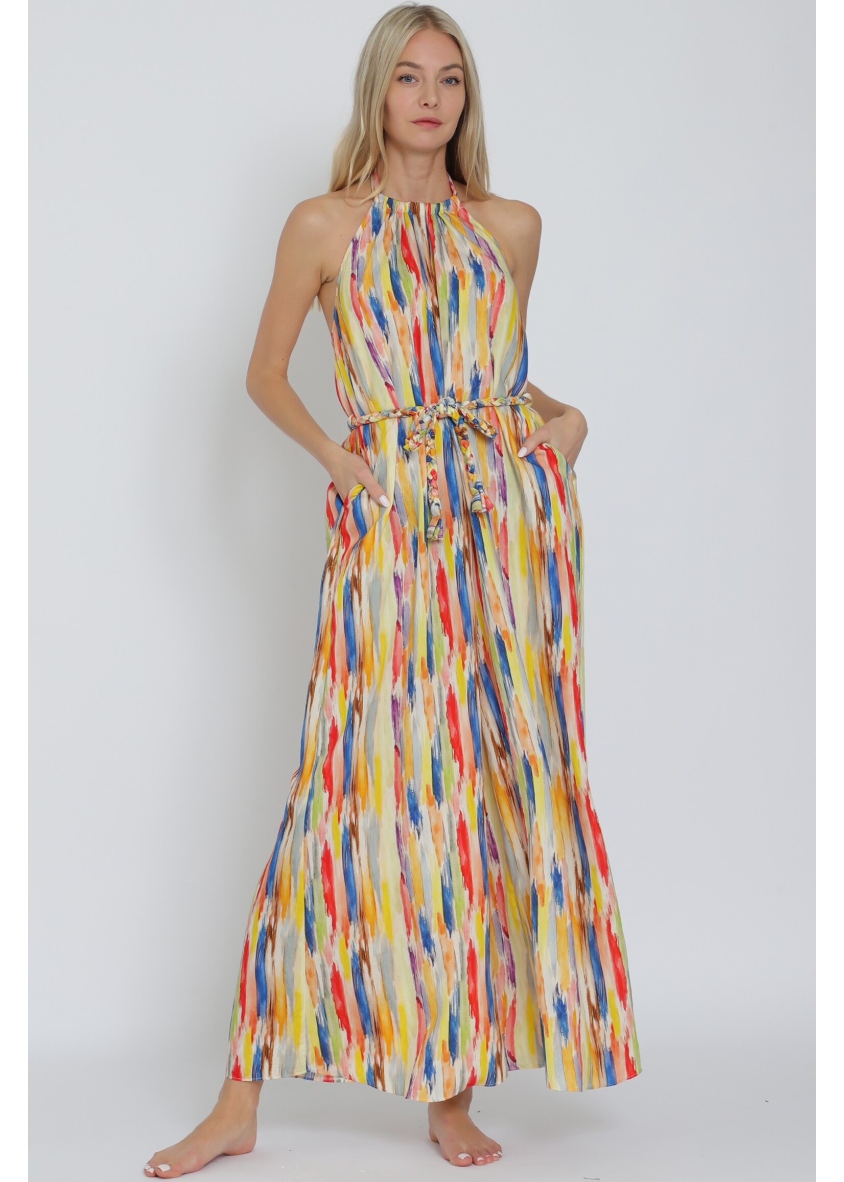 Aakaa Halter Backless Braid Belted Jumpsuit -RA92975Y