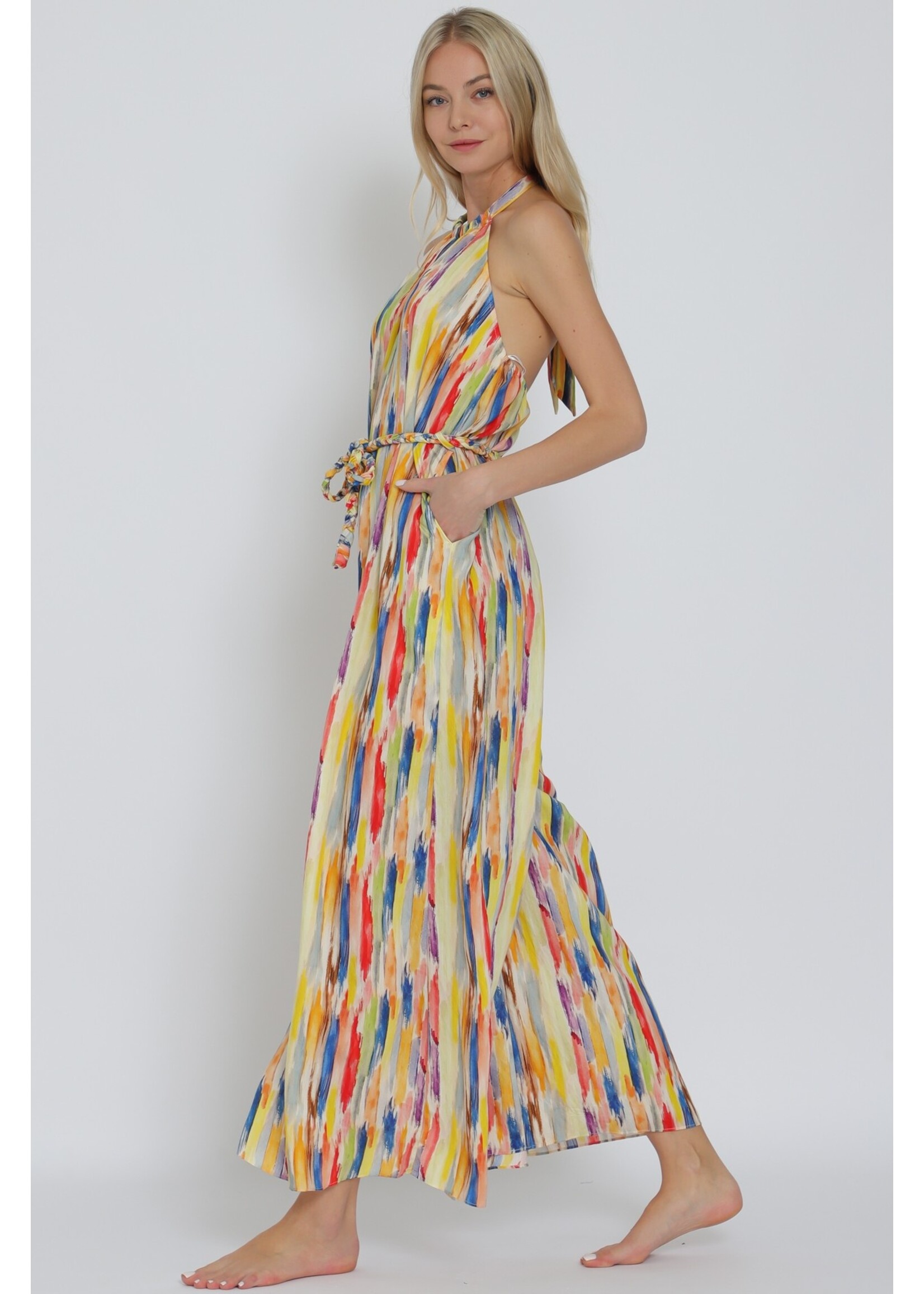 Aakaa Halter Backless Braid Belted Jumpsuit -RA92975Y