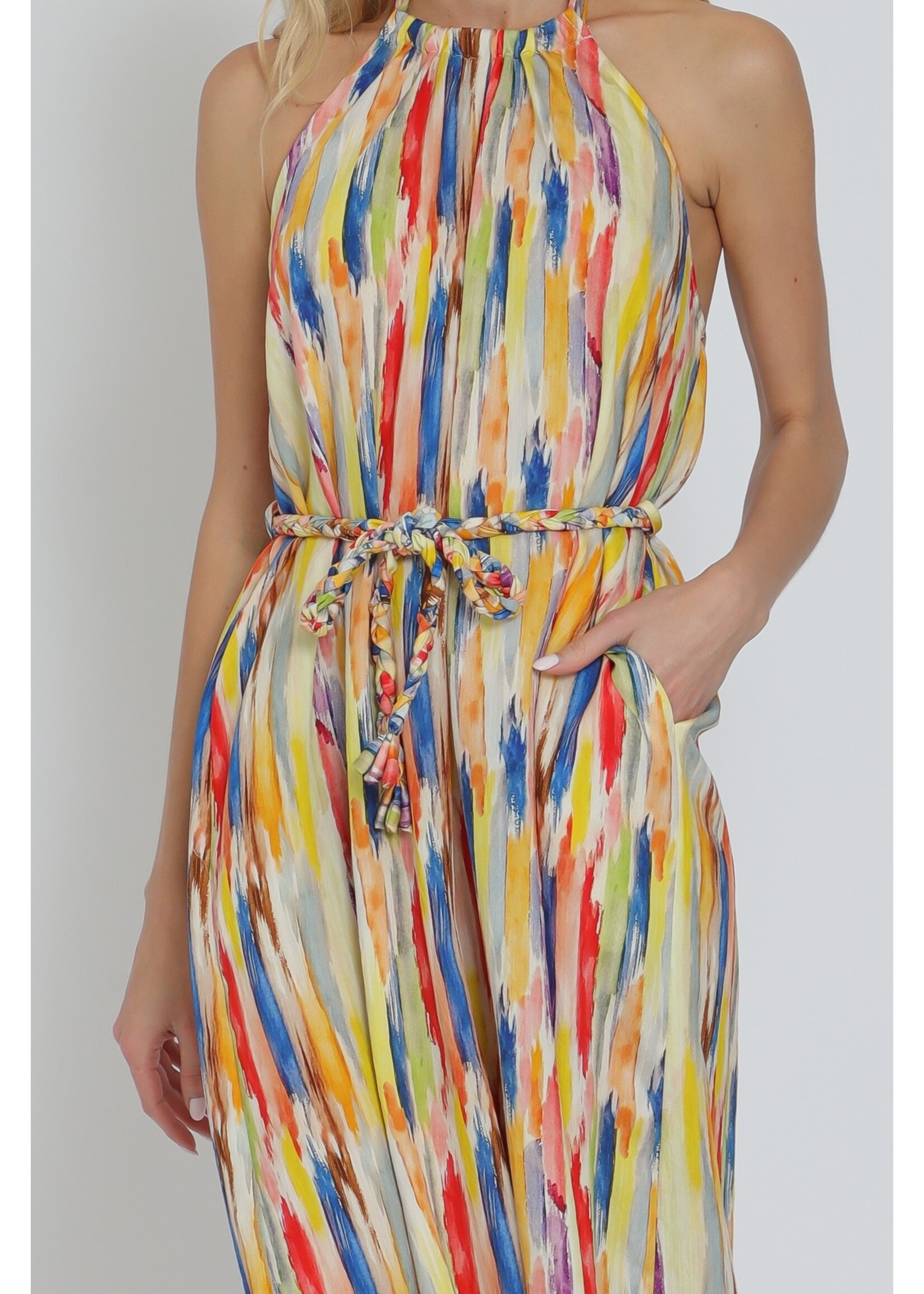 Aakaa Halter Backless Braid Belted Jumpsuit -RA92975Y