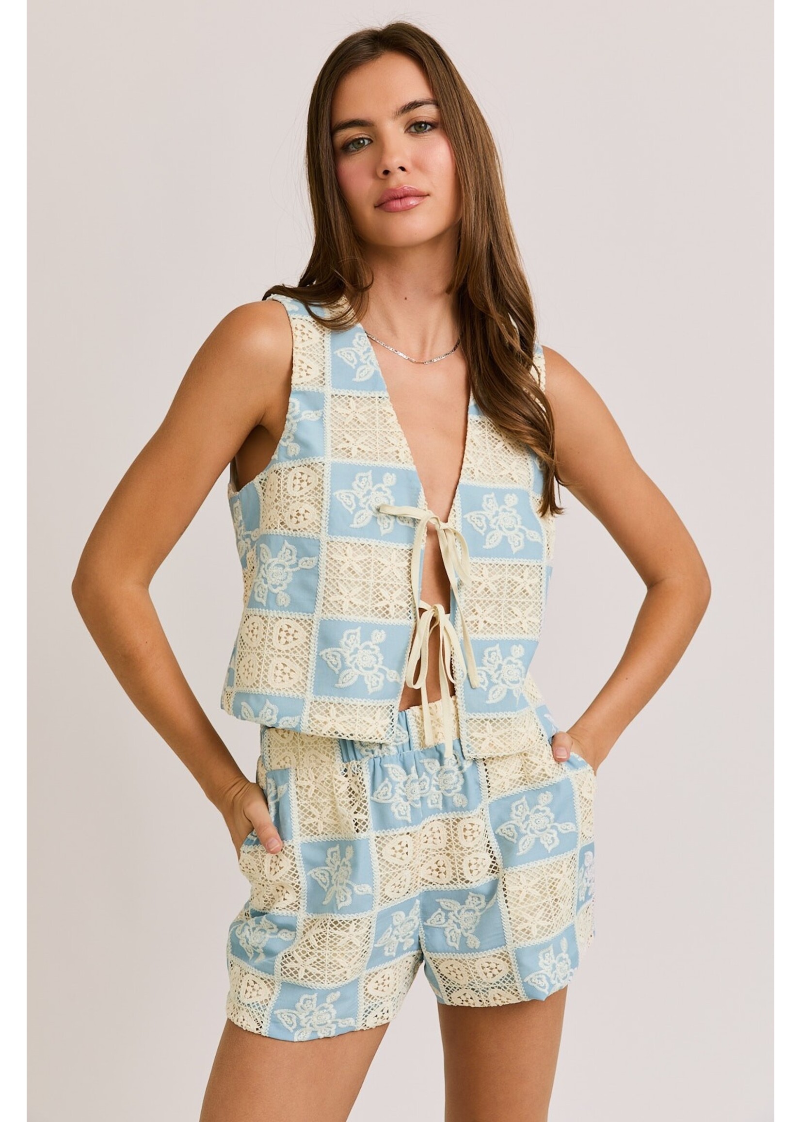 Le Lis Sleeveless V-Neck Crochet Open Top & Short - ITP5311
