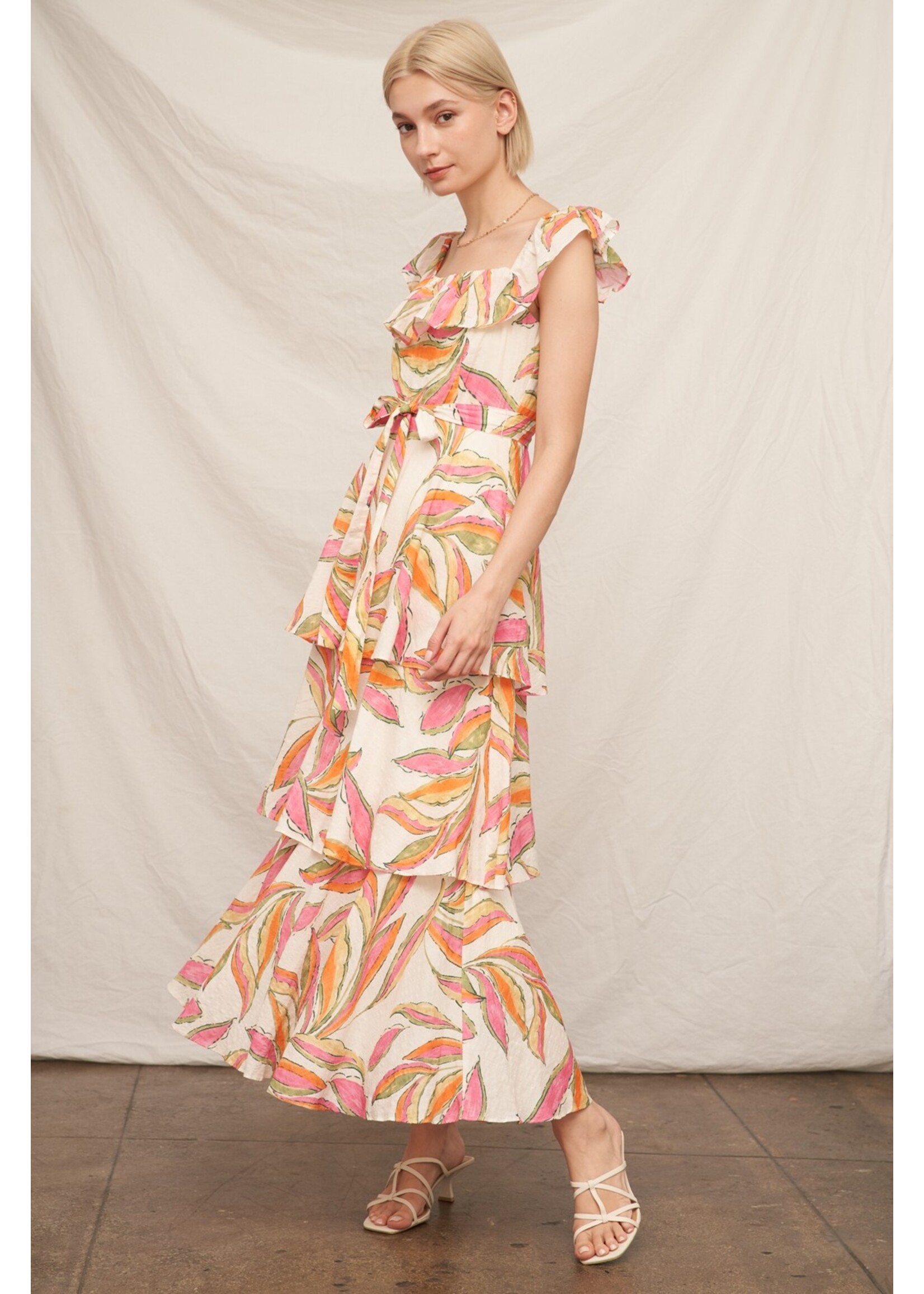 En Creme Printed Waist Tie Ruffle Maxi Dress - EDM20547LK