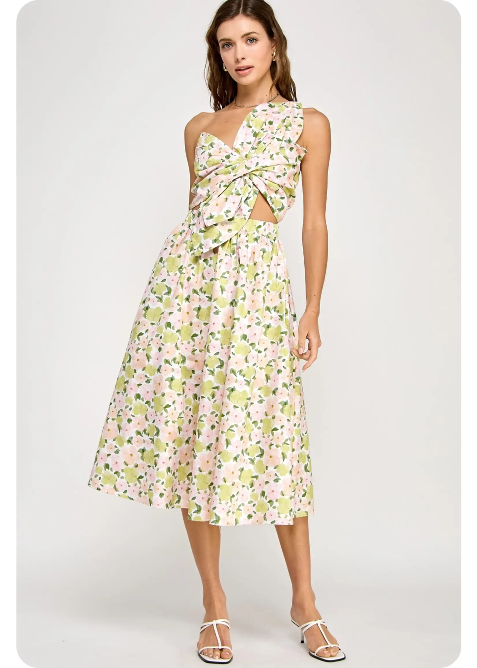 Strut & Bolt Knotted Flower Bow Floral Print Midi Dress - D-10562-JK
