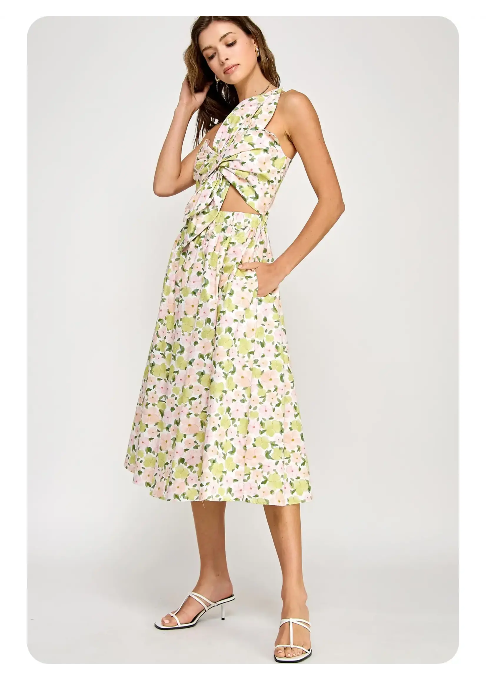 Strut & Bolt Knotted Flower Bow Floral Print Midi Dress - D-10562-JK