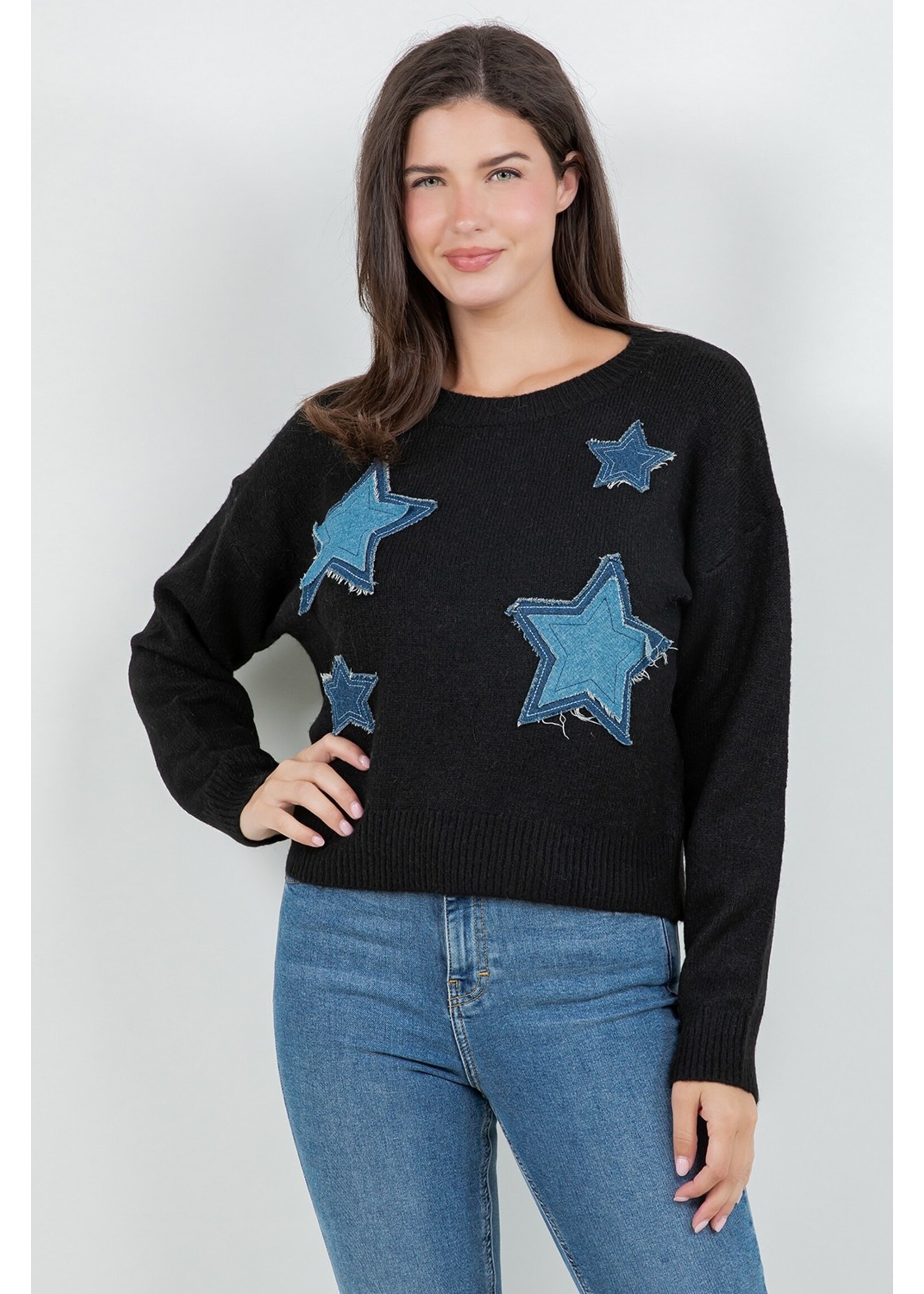 Dreamers Denim Patch Star Knit Sweater - Y8132-B