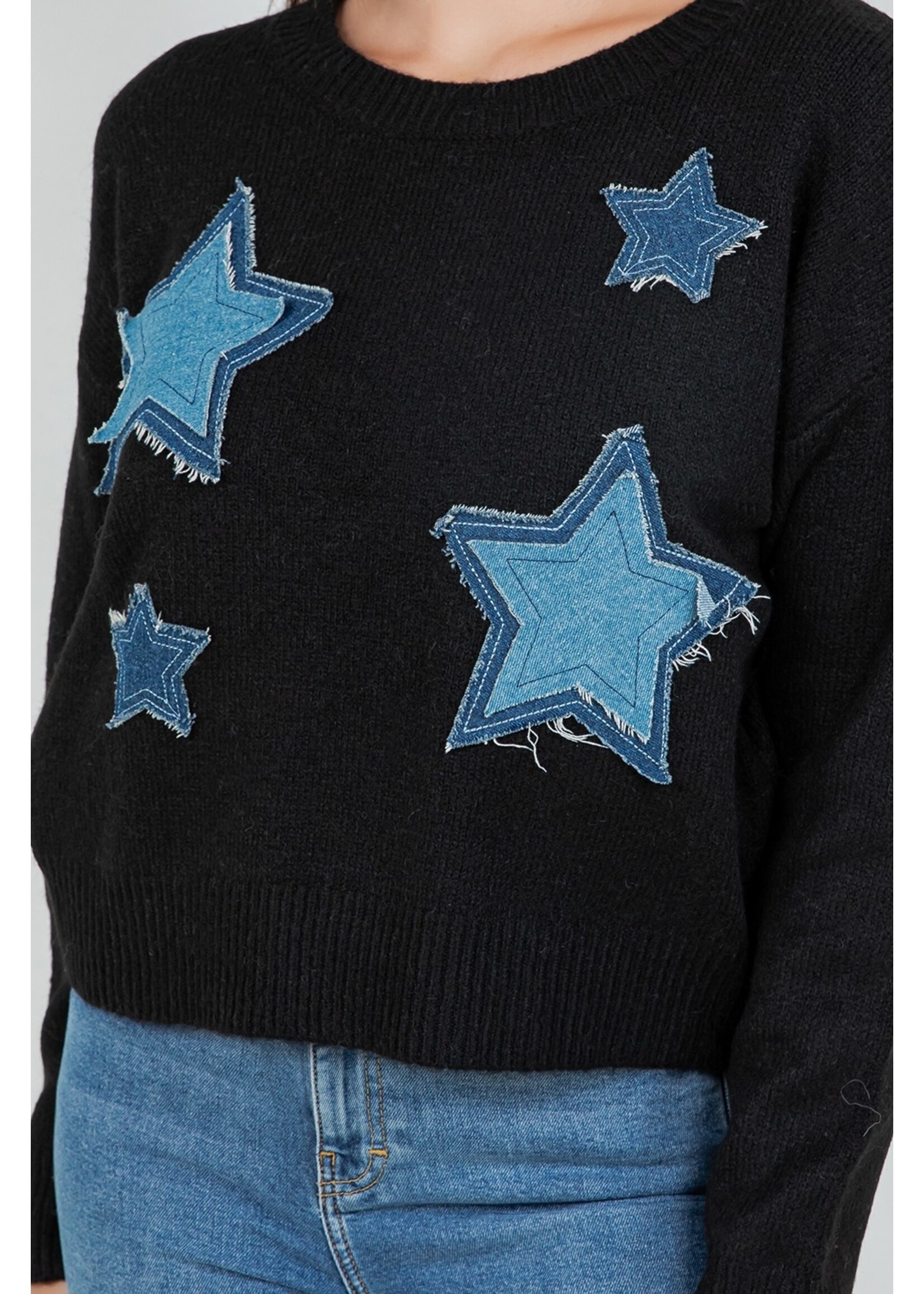 Dreamers Denim Patch Star Knit Sweater - Y8132-B