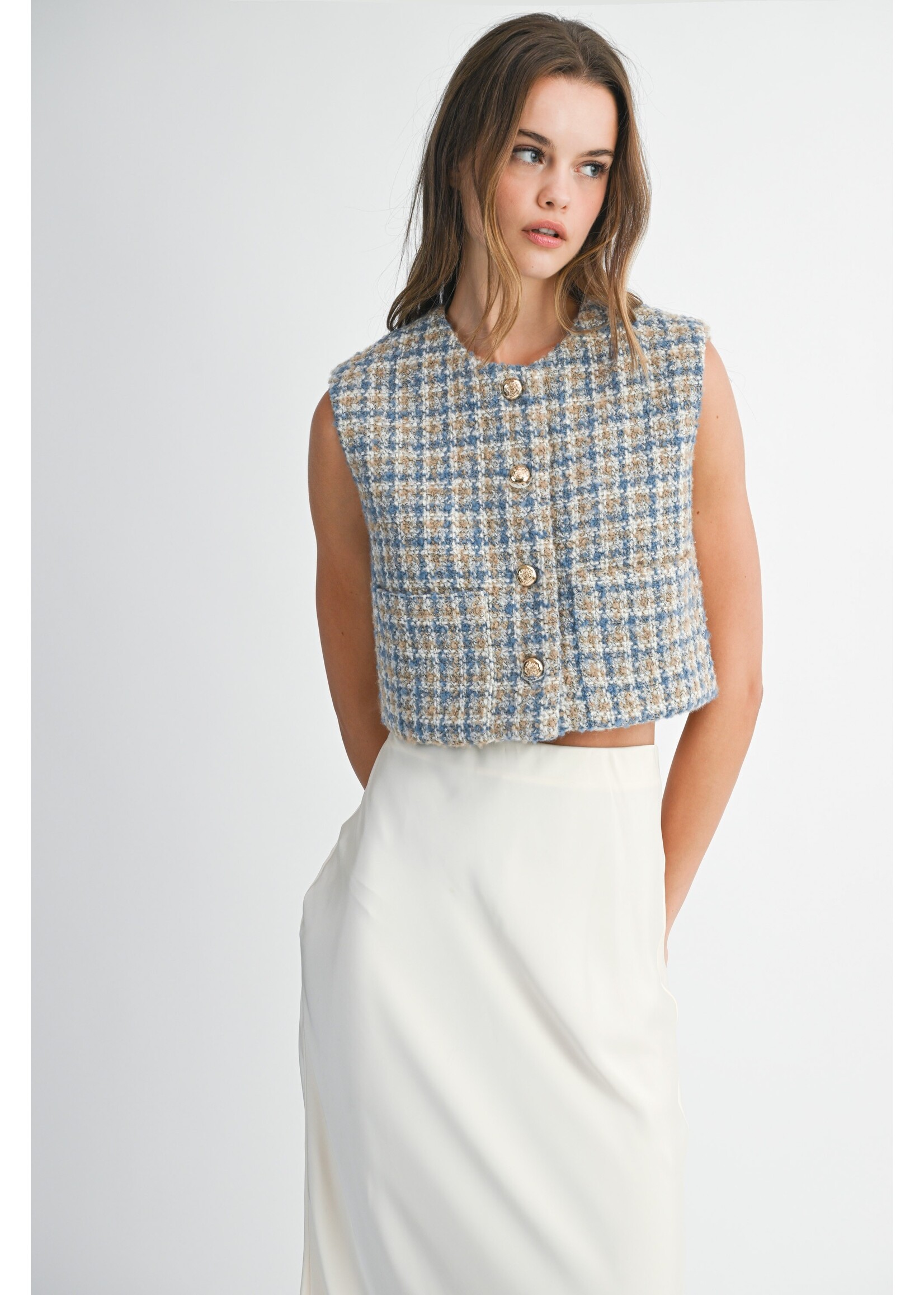 Mable Tweed Front Pocket Crop Vest - MT2029A