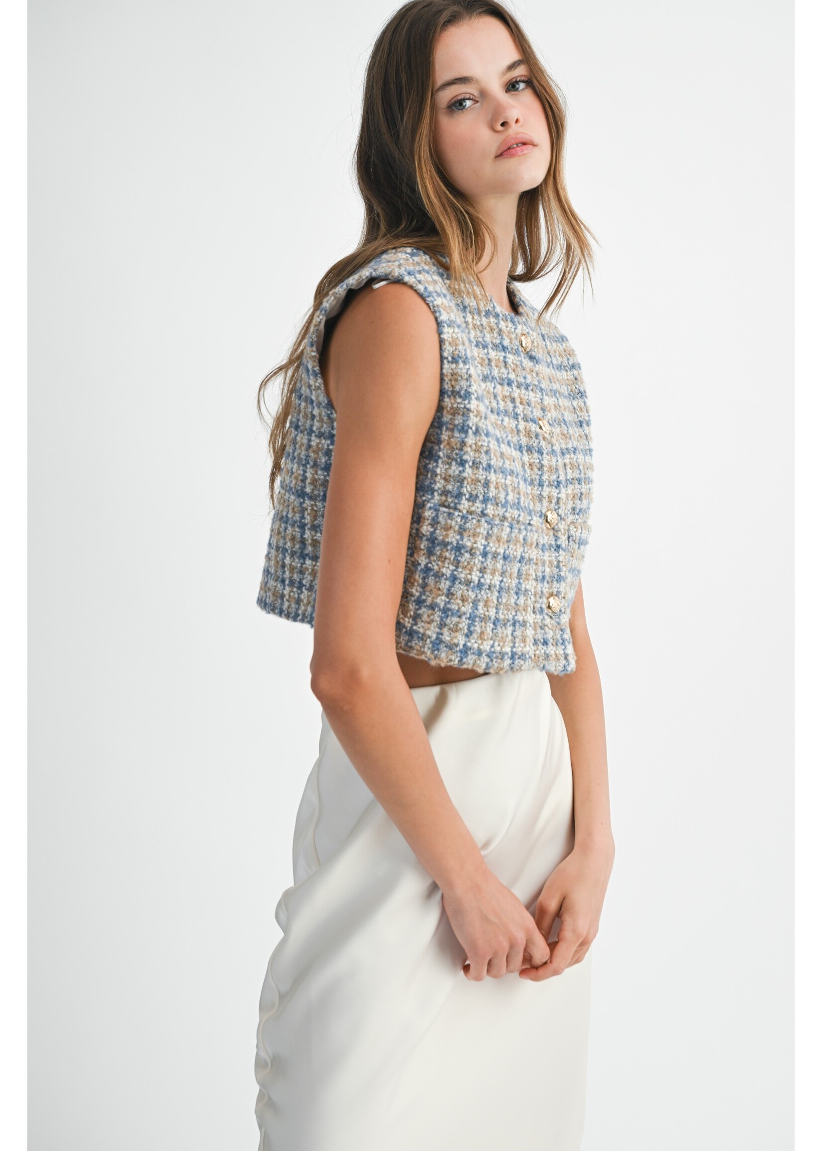 Mable Tweed Front Pocket Crop Vest - MT2029A