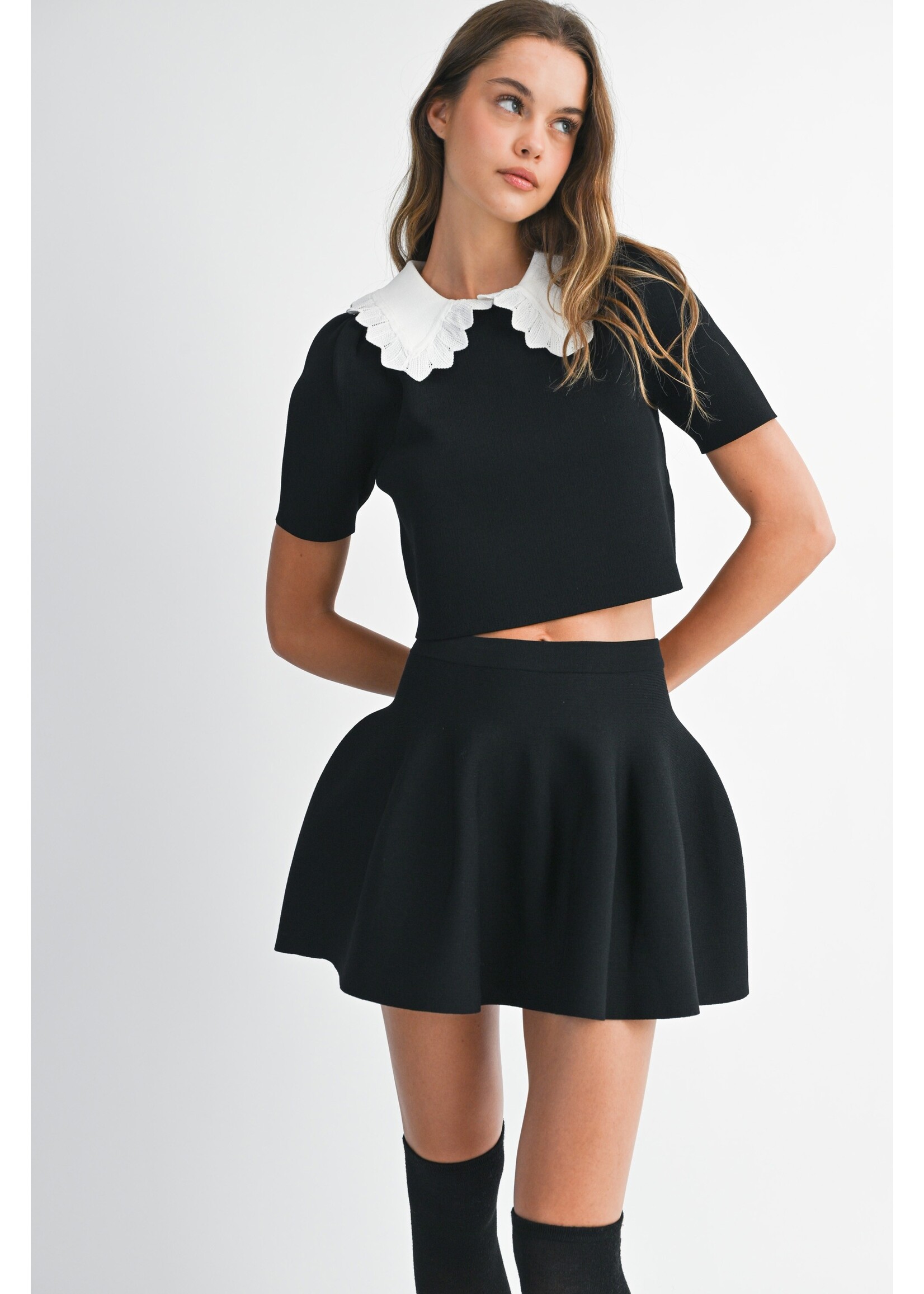 Mable Contrast Lace Collar Knit Top And Mini Skirt Set - MST8521