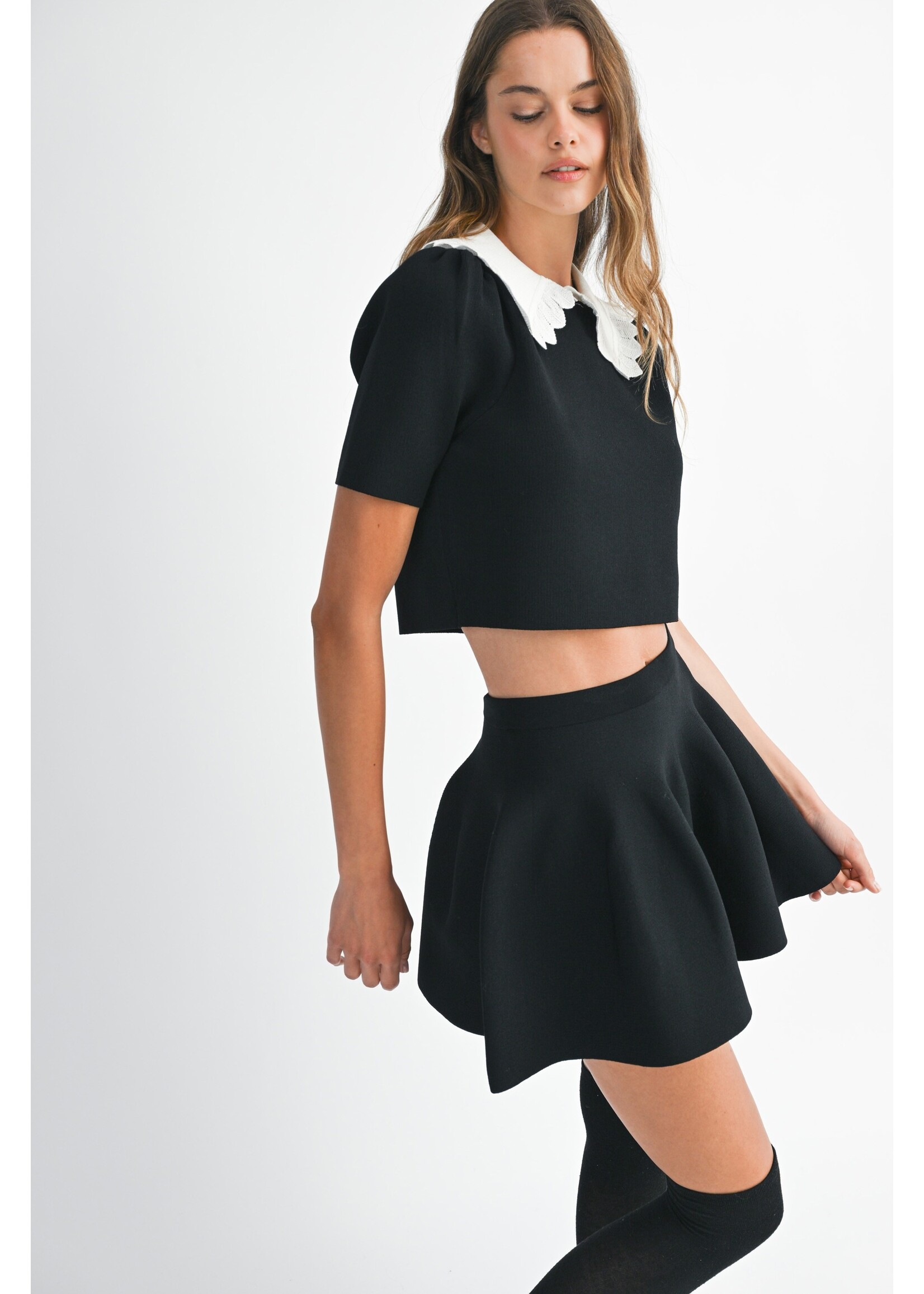 Mable Contrast Lace Collar Knit Top And Mini Skirt Set - MST8521