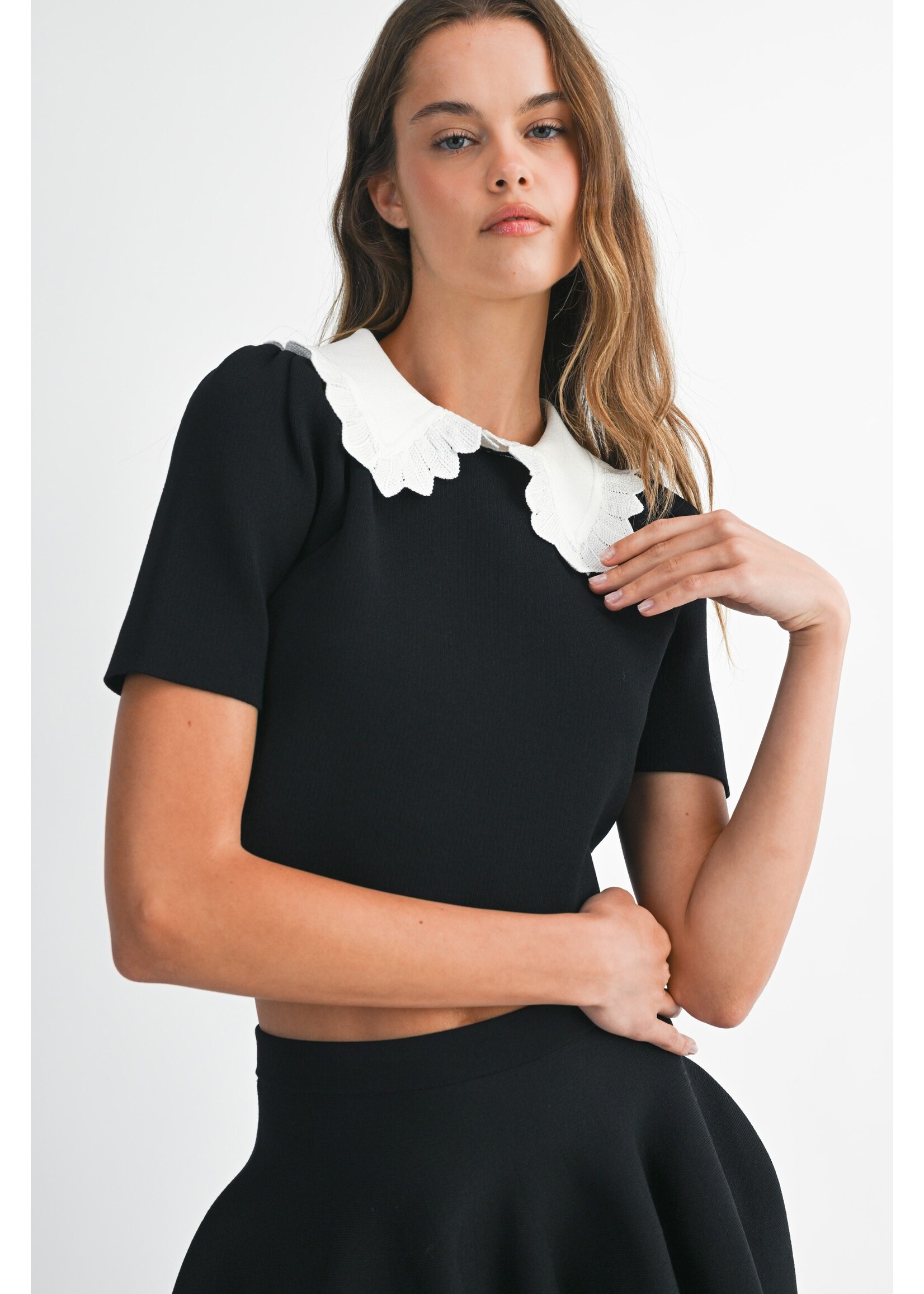 Mable Contrast Lace Collar Knit Top And Mini Skirt Set - MST8521