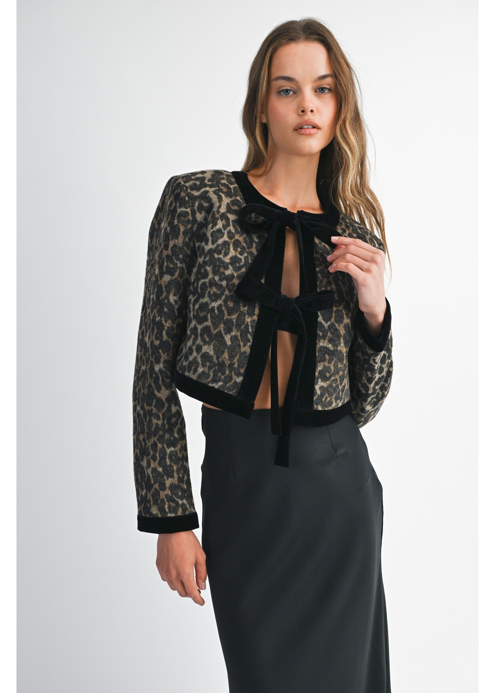 Mable Leopard Print Contrast Velvet Front Tie Jacket - MJK6471