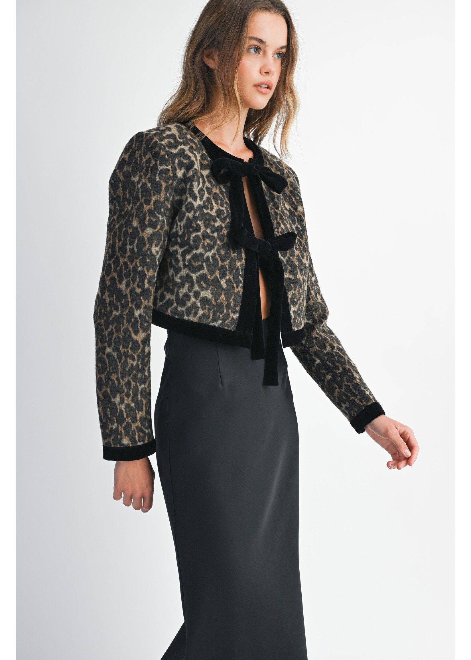 Mable Leopard Print Contrast Velvet Front Tie Jacket - MJK6471